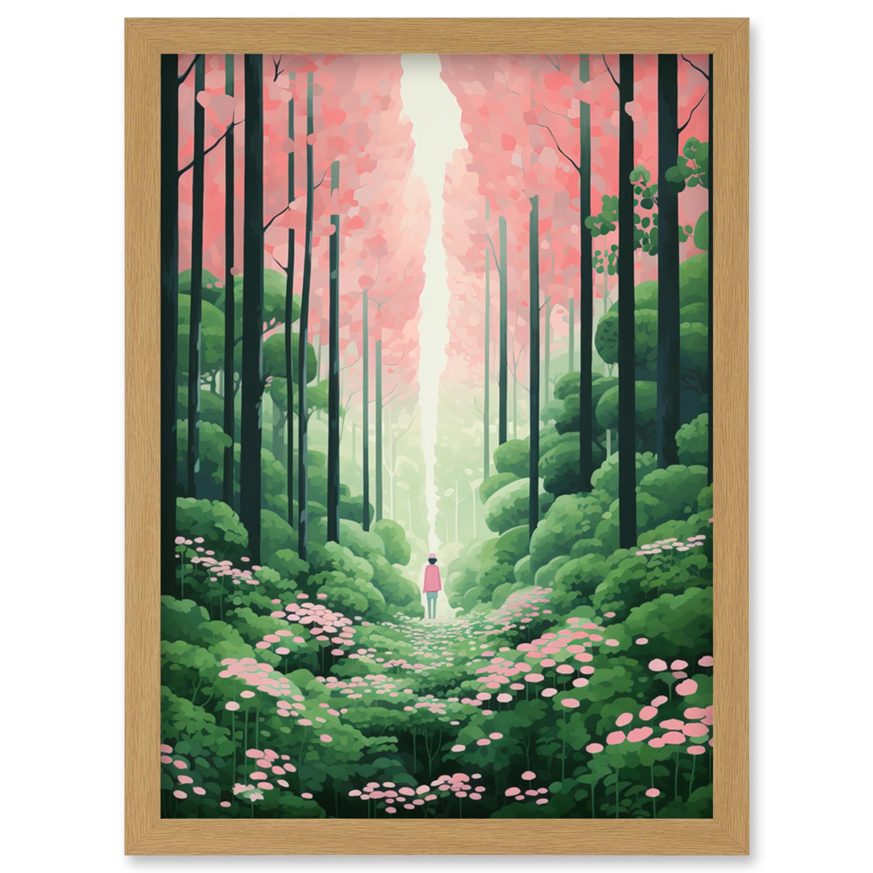Wall Art Print - Mount Yoshino Cherry Blossom Tree - Baby Pink Green - Nature Trail Artwork - Framed A4