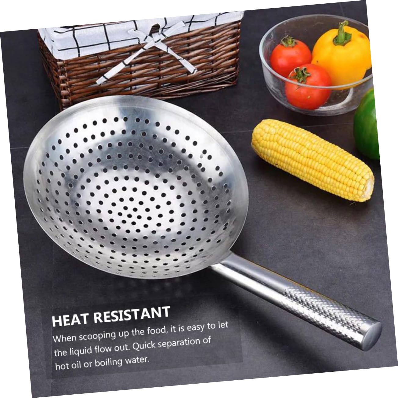 Wakauto 1Pc Frying Oil Strainer Mesh Colander Spoon Filter for Cooking Heat Resistant Long Handle Skimmer Kitchen Tool for French Fries and Hot Pot