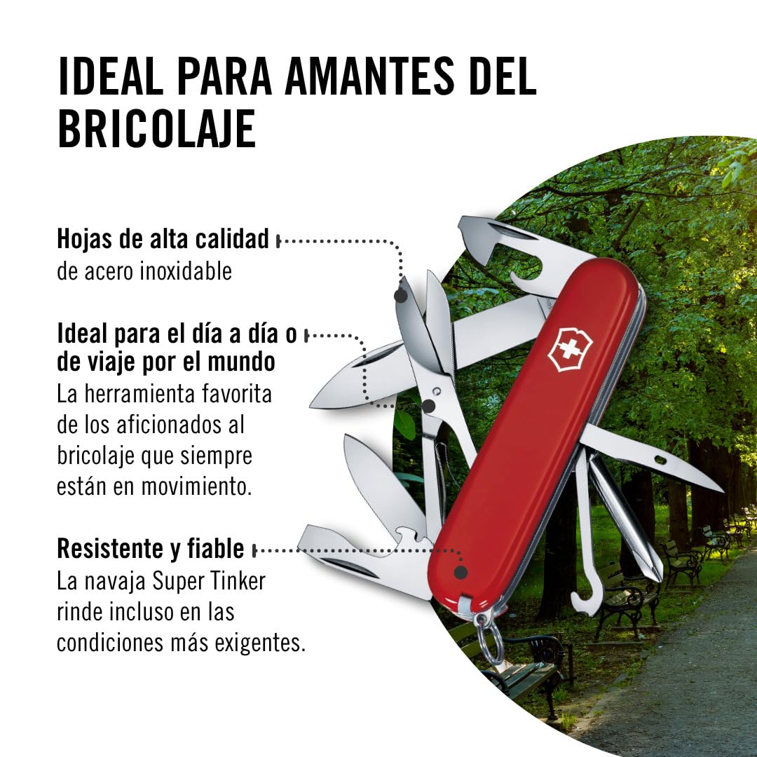 Victorinox Super Tinker, Navaja multiusos suiza con 14 funciones, incluyendo tijeras y destornillador Phillips, Rojo, Caja Plegable