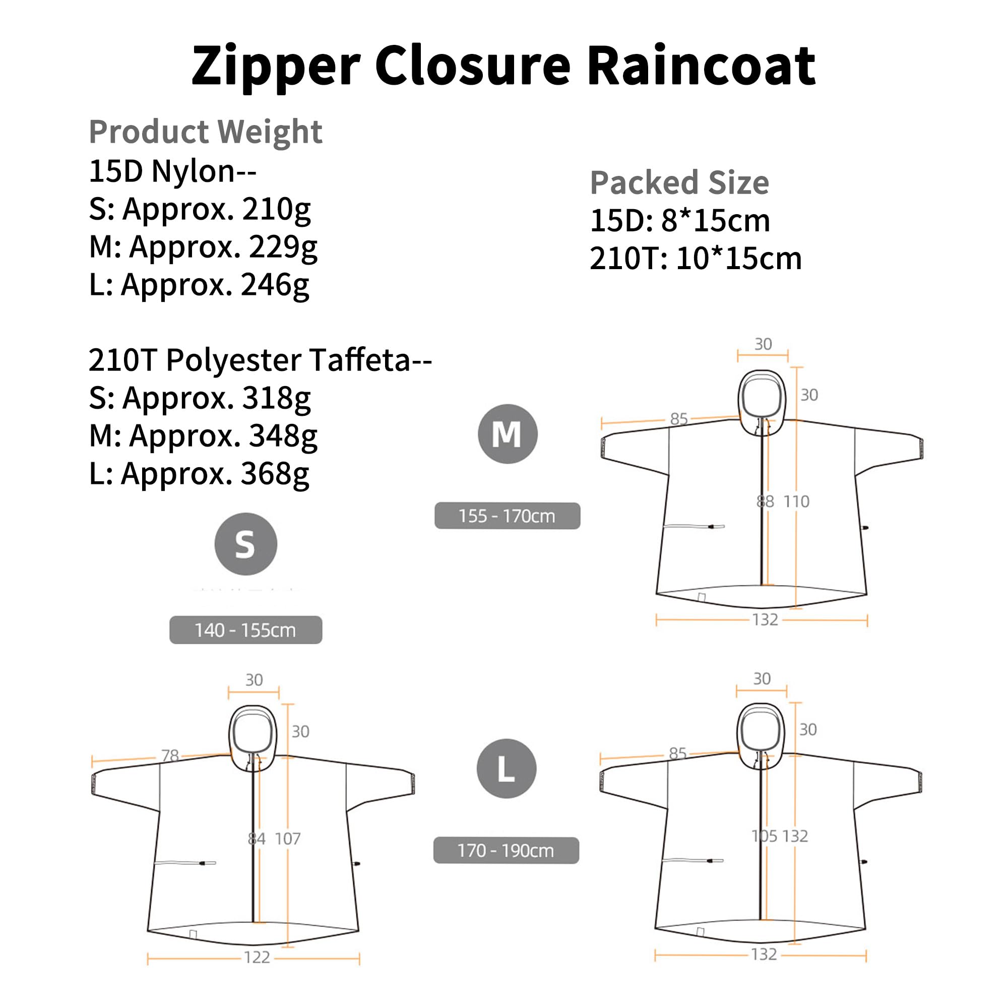 windhike 3F UL GEAR Leichte Regenjacke mit Reißverschluss, PU5000mm Wasserdicht,15D Nylon/210T Polyester,Regenponcho Herren&Damen 140-190cm für Bergsteigen Camping Wandern