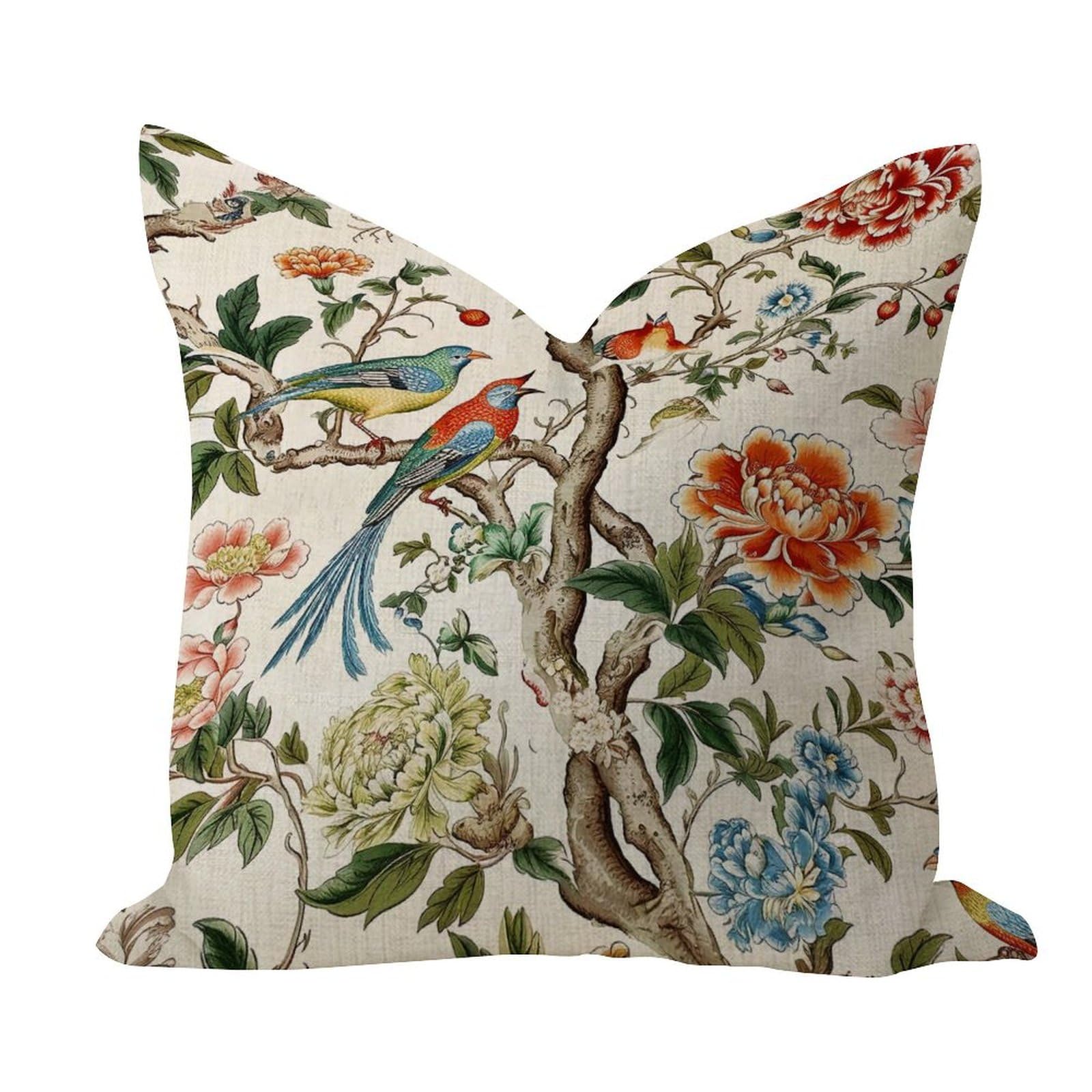 Chinoiserie Peony Bird Floral Coral Solid Pillow Cover Vintage Outside Pillow Cushion Case Chinoiserie Asian Oriental Pattern Square Cotton Linen