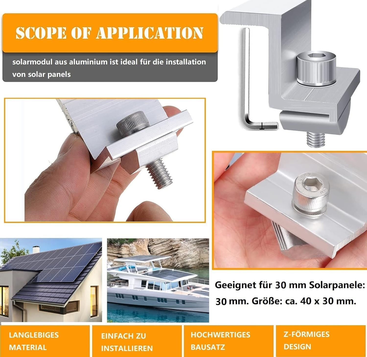 Uchwyt do modułu solarnego 30-55 mm, zacisk końcowy, panel słoneczny, regulowany, zaciski modułowe do samochodów kempingowych, dachów, modułów PV, regulowany zacisk solarny