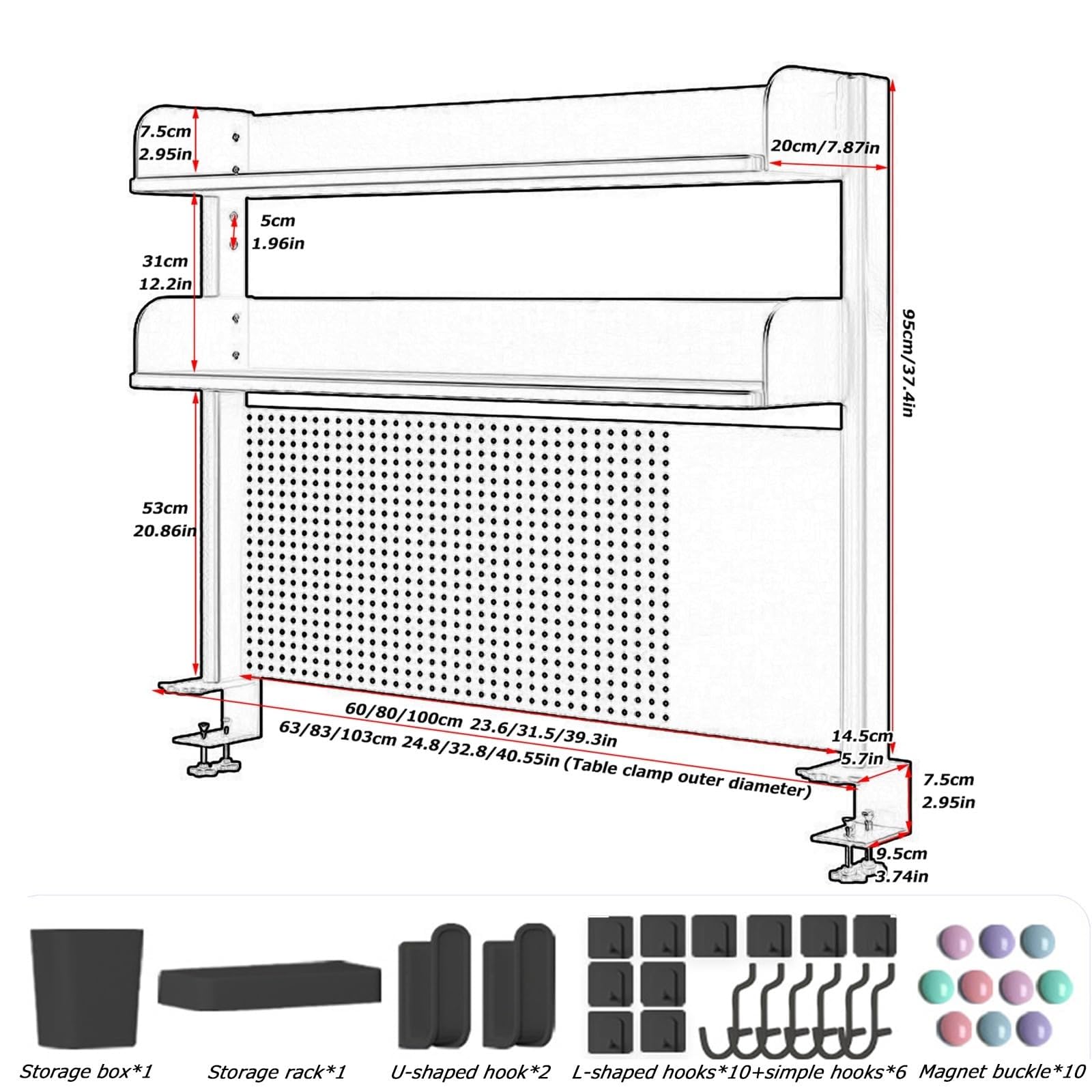 Scaffali da scrivania, mensola Organizer da scrivania con Morsetto - scaffale portaoggetti da scrivania, postazione di Lavoro con Pannello Forato Estensibile per scrivania, Pannello per la p