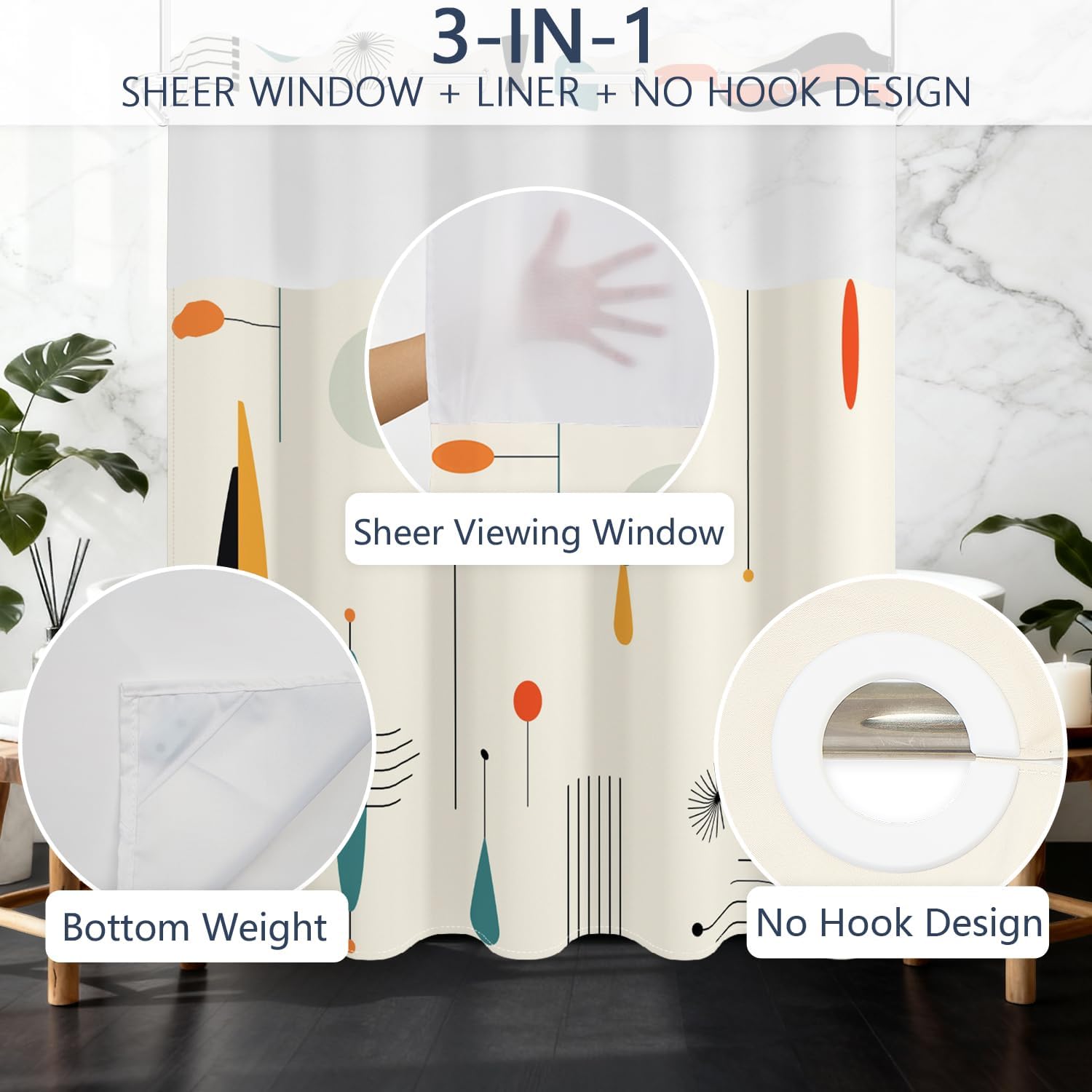 No Hook Shower Curtain with Snap in Fabric Liner Set, Waterproof & Washable, Retro Mid Century Modern Shower Curtains for Bathroom, Eclectic Abstract Geometric Bathroom Curtain, House Gift, 71x74 inch