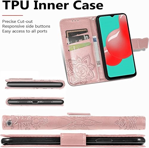 Miniatura 5 de Funda protectora para Samsung Galaxy A32 5G, piel sintética, con correa para muñeca, ranuras para tarjetas, bolsillo en relieve, diseño de flores y