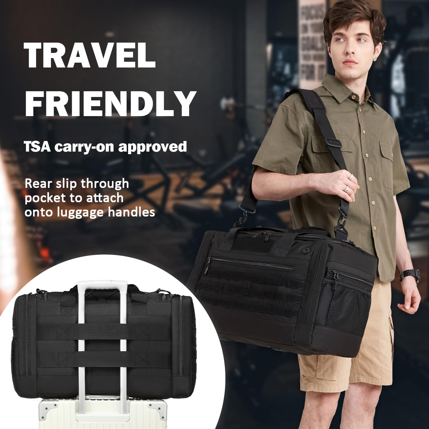 Torba sportowa męska 45L z 2 przegrodami, torba podróżna taktyczna, sportowa torba duffle do siłowni, fitness, weekendu, sauny, czarny, 56 x 23 x 33 cm