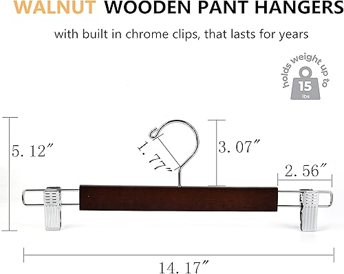 Miniatura 2 de Amber Home Paquete de 10 perchas de madera de nogal macizo de 14.17 pulgadas, perchas inferiores para pantalones pantalones jeans con 2 clips