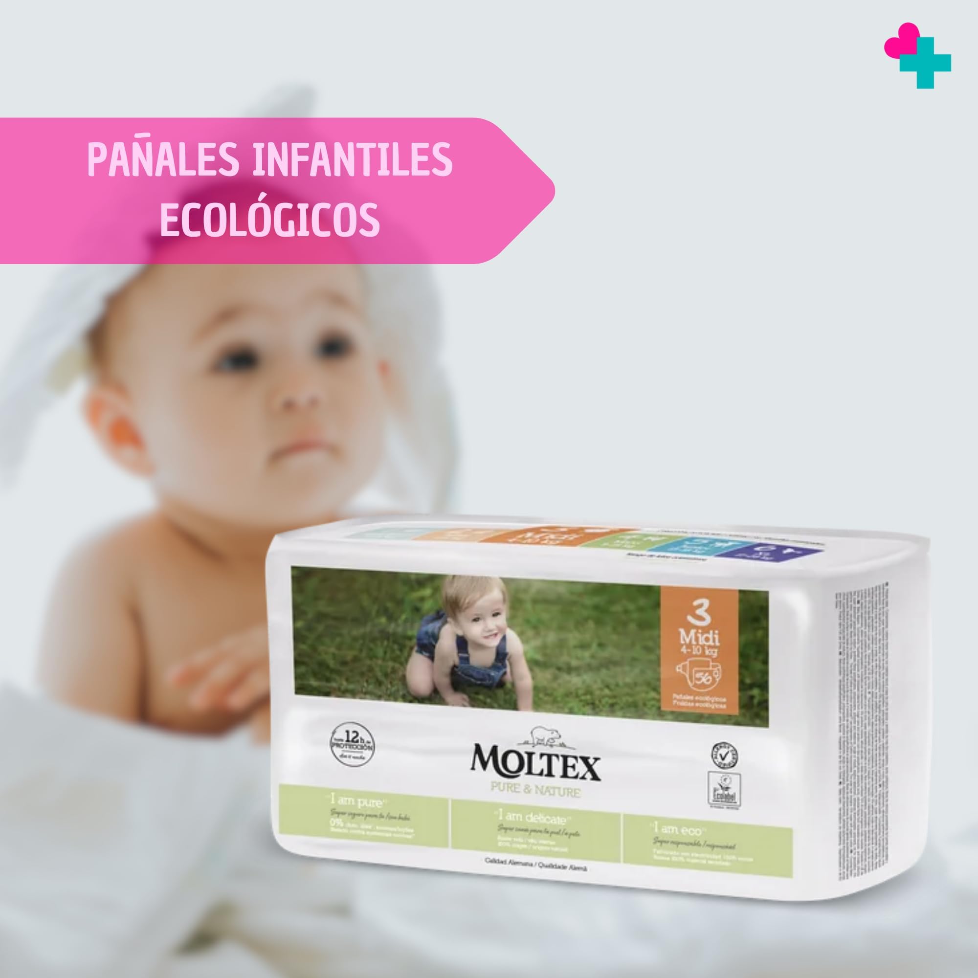 Pañales Infantiles Ecológicos Pure&Nature. Pañales Desechables. Pañales con Tecnología de Sequedad Instantánea. Hasta 12 Horas Seco. (2 Paquetes, Talla 3)