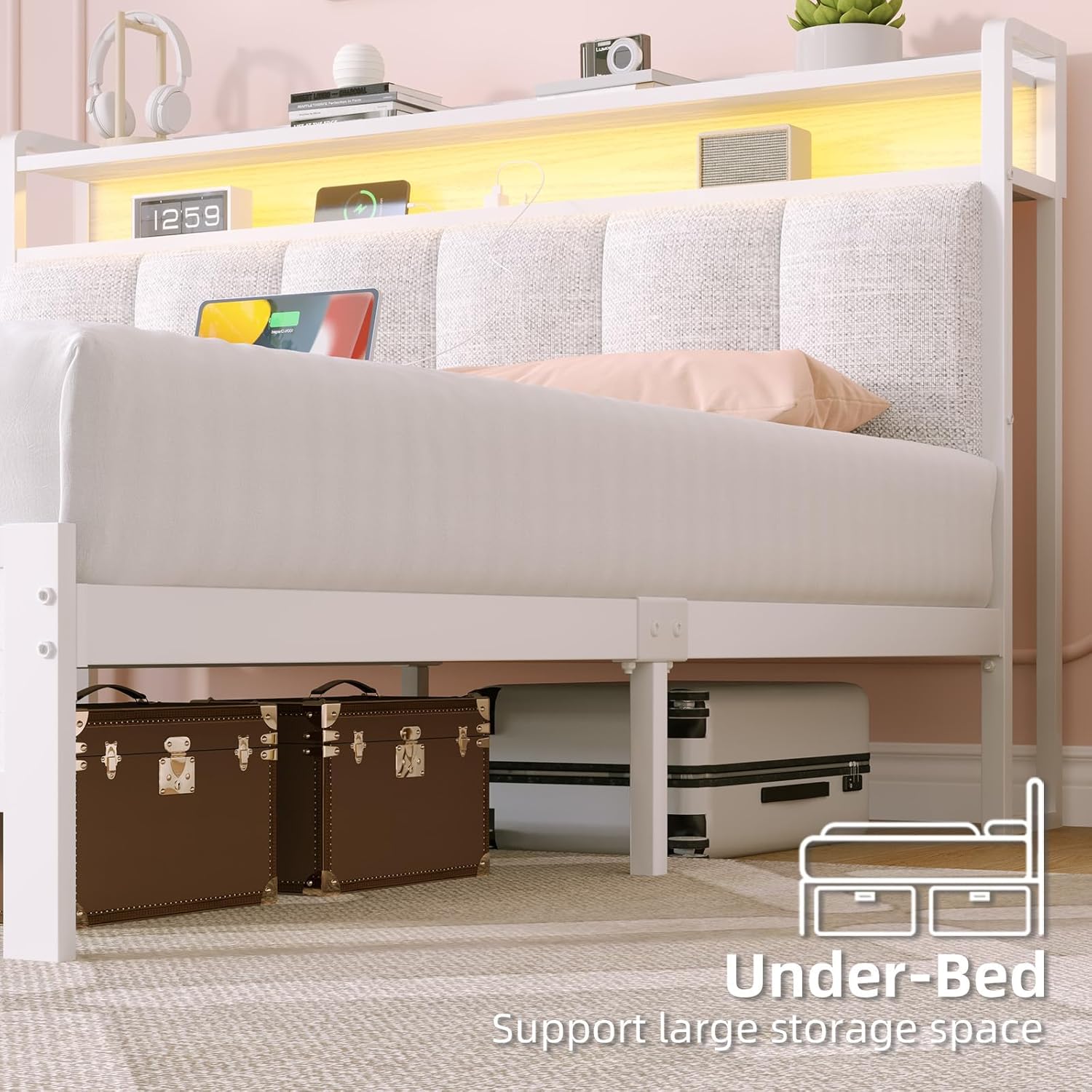 IMMERSTABLE Queen Bed Frames with LED Lights and Charging Station, Metal Platform Queen Size Bed Frame with Upholstered Storage Headboard, Heavy Duty Metal Slat Support, Easy Assembly, White
