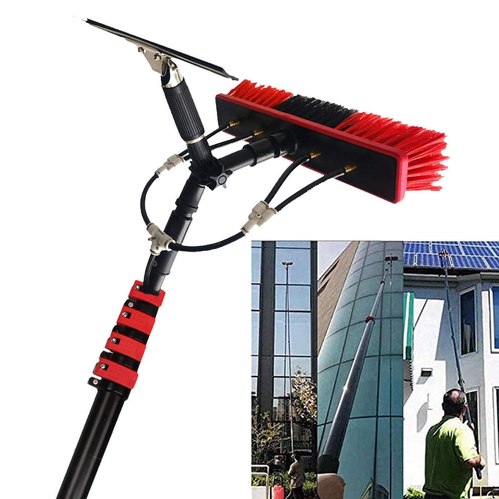 Aioneer Window Cleaning Rod, Water-Fed Telescopic Brush Squeegee Water/Hose Window Cleaning Brush Equipment For Cleaning Photovoltaic And Solar Panels - 30Ft,35Cmbrushhead-6M/20-35cmbrush-6M/20FT