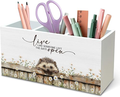 Miniatura 15 de DILSJ Organizador de Lápiz y Bolígrafo Inspirador de Border Collie para Escritorio, Regalos de Border Collie, Caja de Madera con Letreros "Vive Como