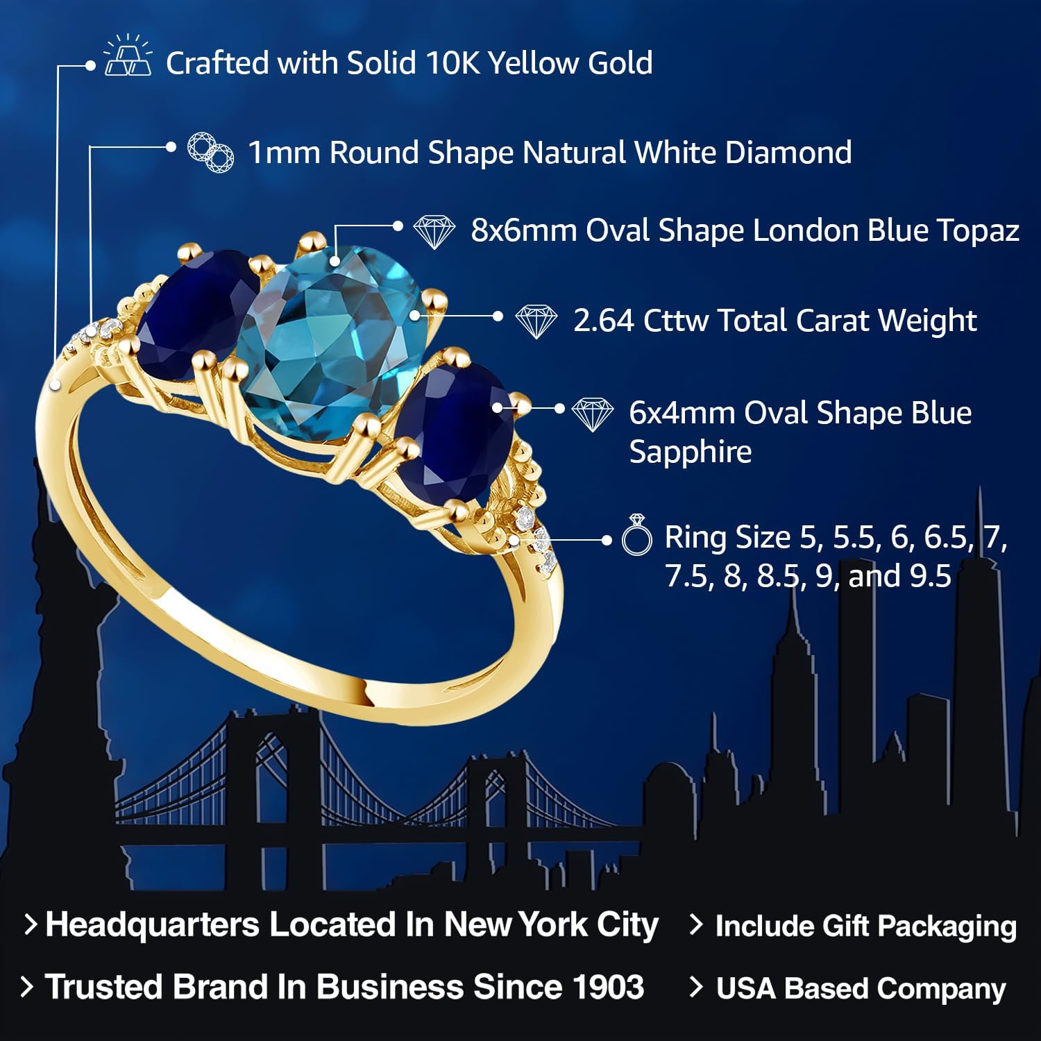 Gem Stone King 10K Yellow Gold Oval London Blue Topaz Blue Sapphire and Diamond 3-Stone Engagement Ring For Women | 2.64 Cttw | 3 Stone Wedding Anniversary Promise Ring For Women