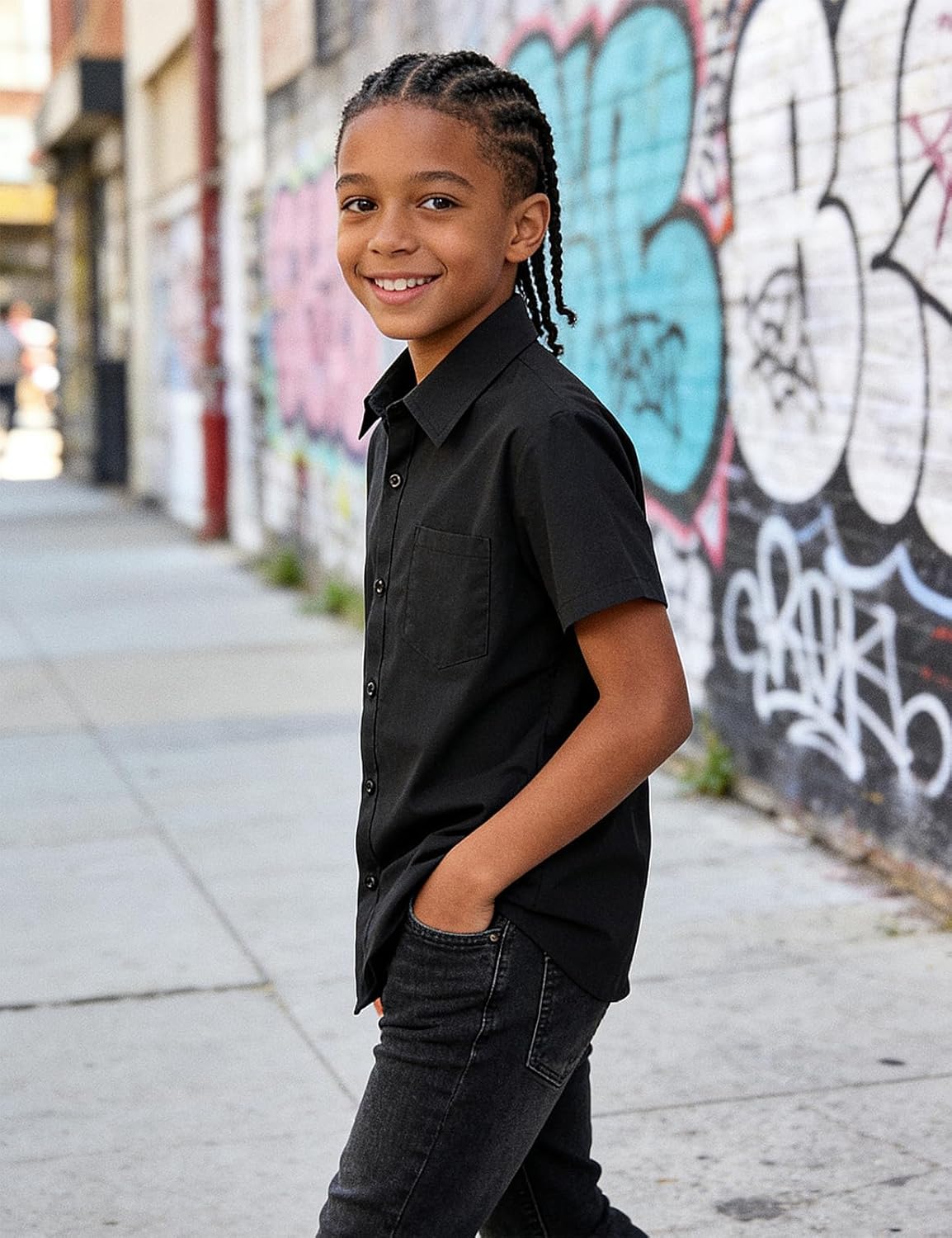 A&J DESIGN Boys Short Sleeve Dress Shirt Kids Formal Uniform Solid Collared Button Down Shirt with Chest Pocket - Image 3