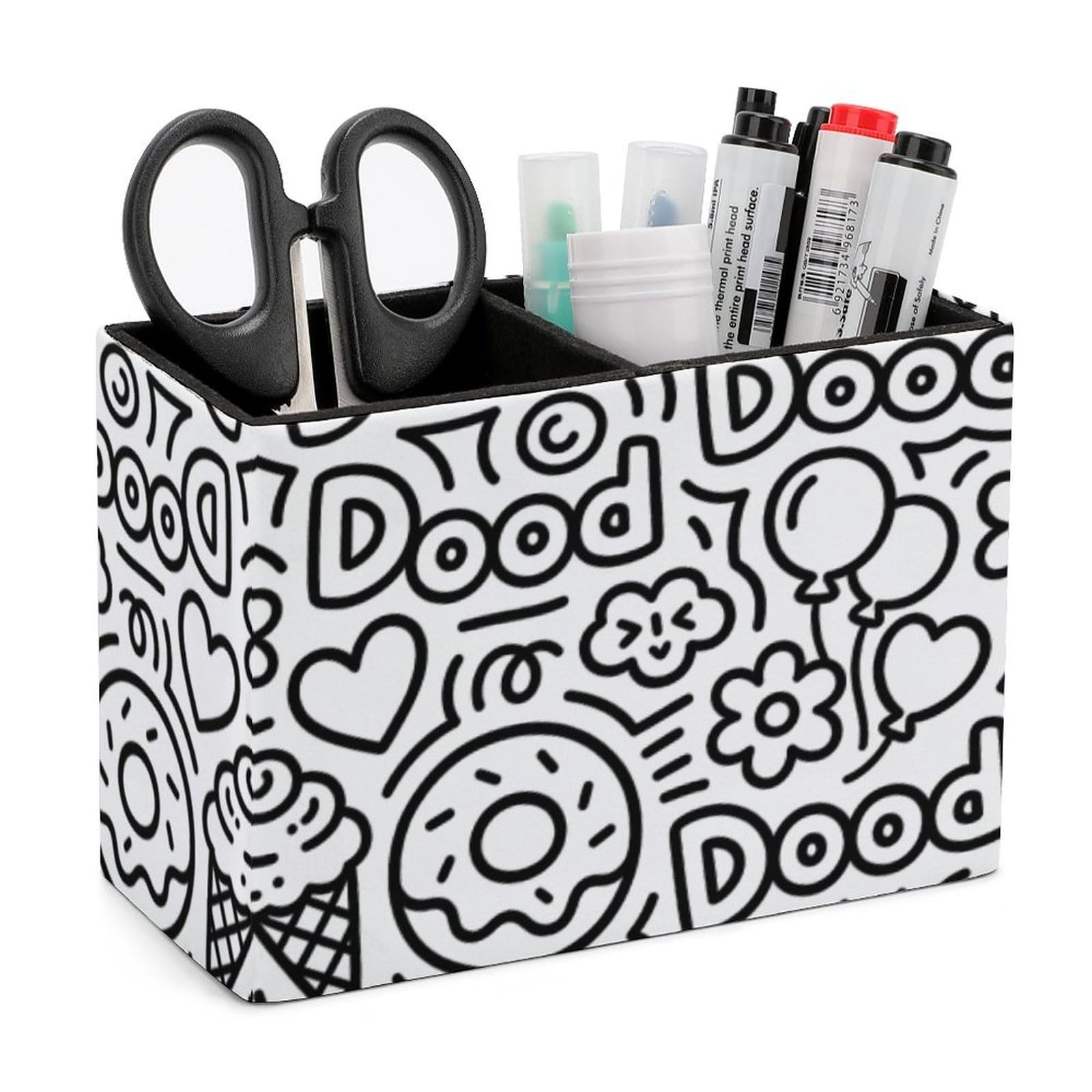 LZQPOEAS Exquisite Patterns PU Leather Pen Holder, Multifunctional Desktop Organizer Caddy with 2 Compartments, Donut Dood Pencil Cup Makeup Brush Holder for Office Home