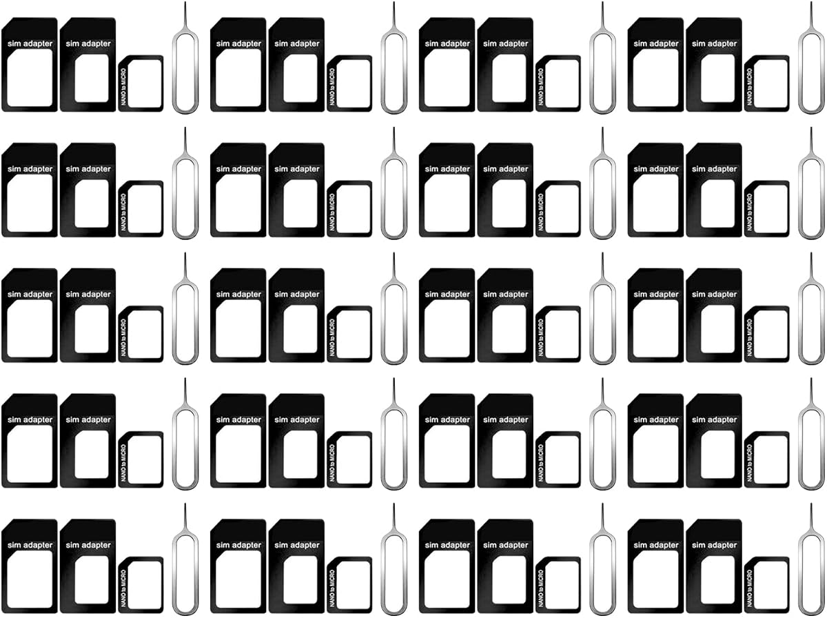 Paquete de 20 adaptadores de tarjeta SIM, kit convertidor nano micro estándar 4 en 1 con pin de expulsión de bandeja SIM de acero 1, negro