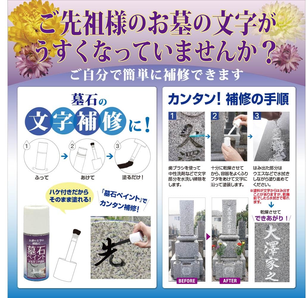 お墓の文字塗り直します！ Amazon | ニッペ ペンキ 塗料 墓石ペイント 50ml 白 水性 つやあり 屋