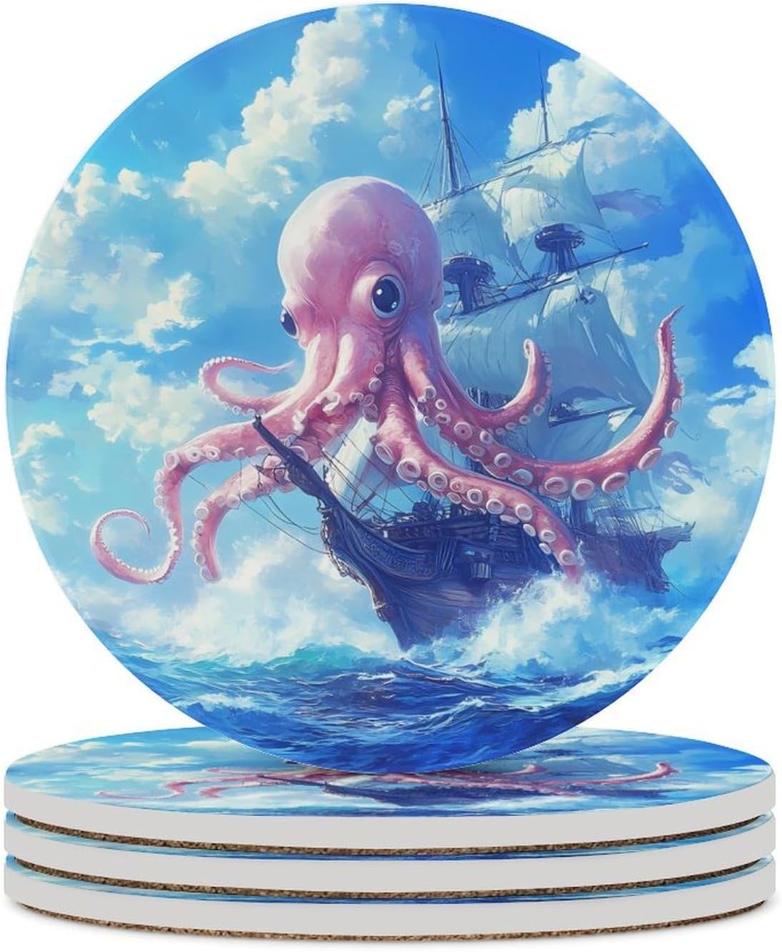 PirateShip Squid Round Ceramic Coasters Print Drinks Absorbent with Cork Base for Home Decor Gifts 4 Inch