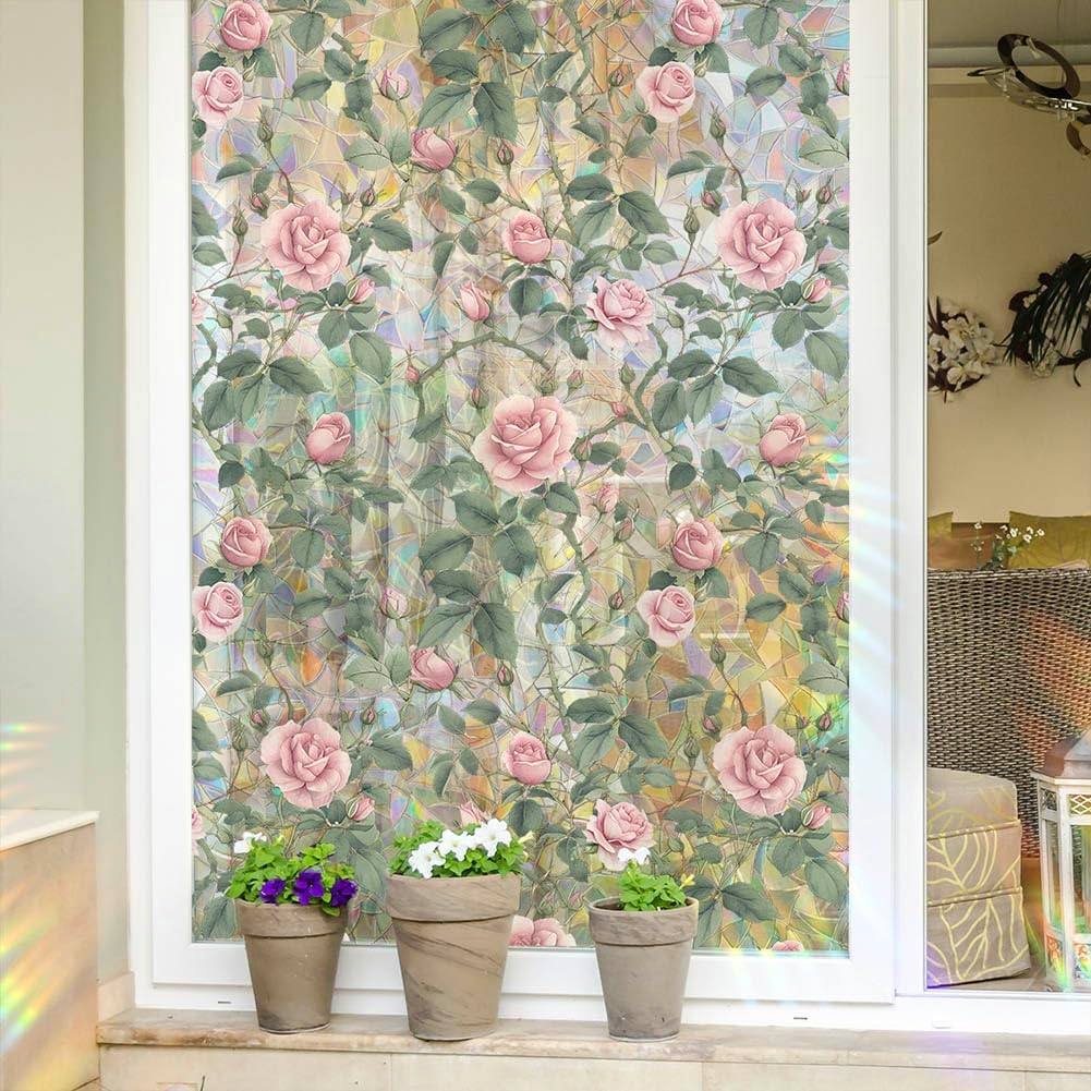 JOONOR Retro Pink Rose Flowers Window Privacy Film,3D Stained Glass Rose Rainbow Window Decals,Non-Adhesive Static Cling Sticker for Home Office,16.93 x 39.37 Inch