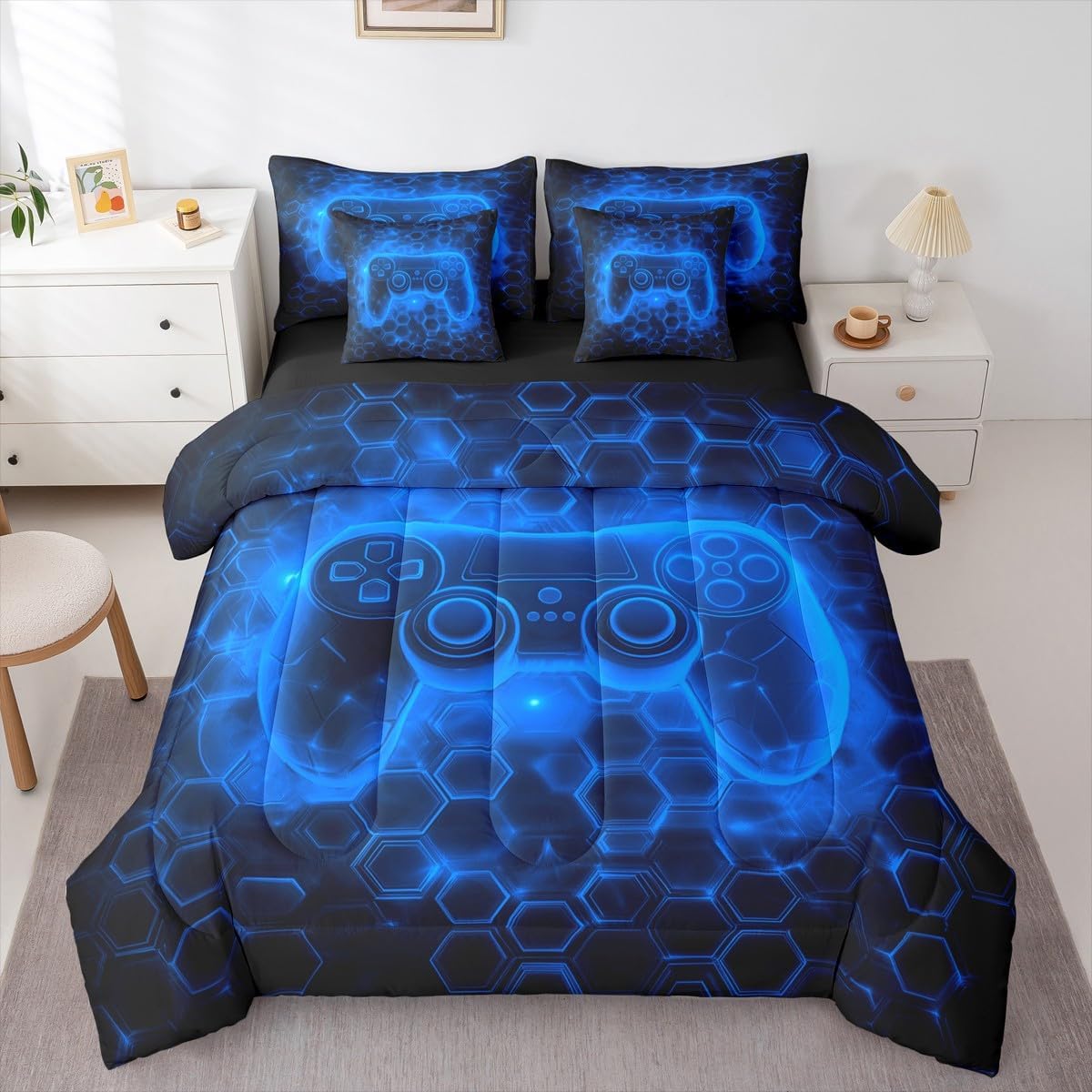 Castle Fairy Video Games Kids Comforter Set 7 Piece Twin Size,3D Gamepad Blue Neon Light Reversible Quilt Set,Geometric Honeycomb Hexagon Print Bedding Set with Comforter,Sheet,Pillowcase
