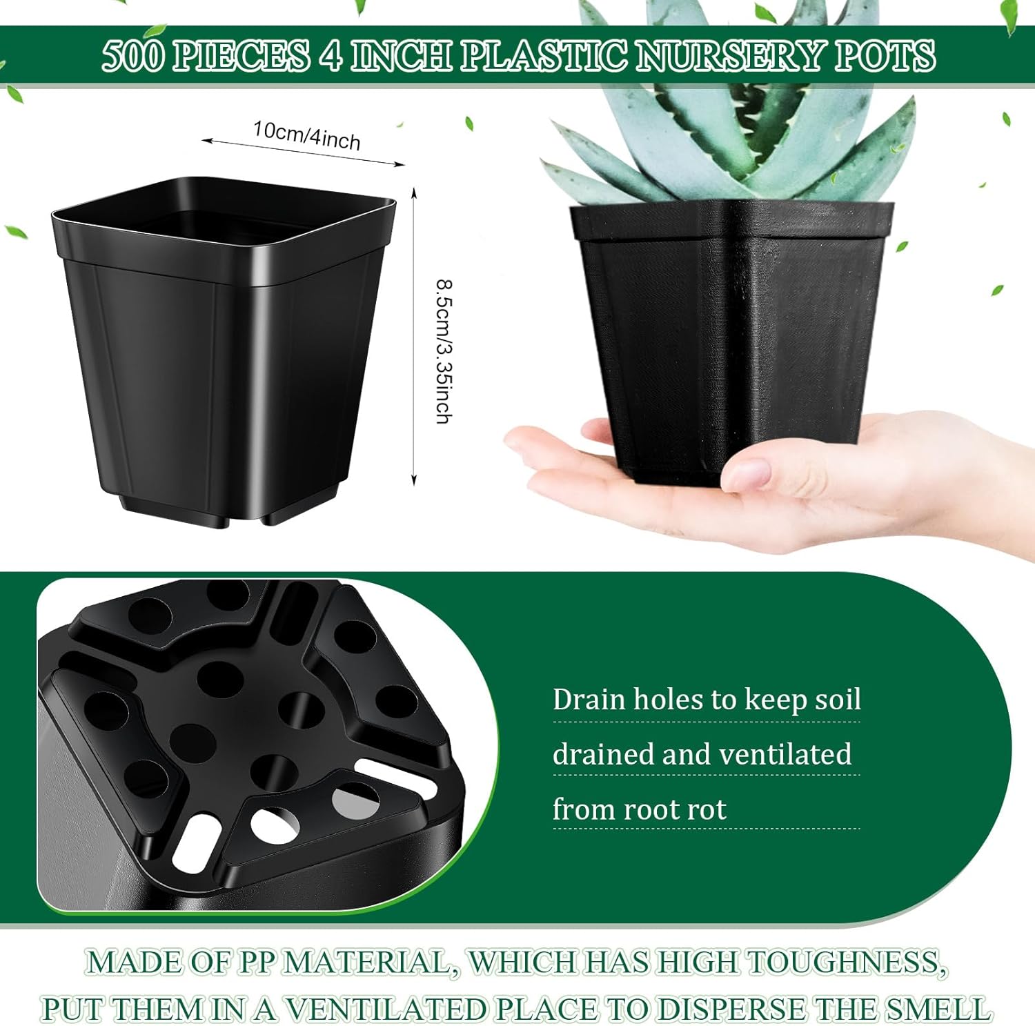Roshtia 500 Pcs 4" Square Black Plastic Nursery Pots with Drainage Holes, Indoor/Outdoor Plant Starter Pots for Succulents, Flowers, Garden Supplies
