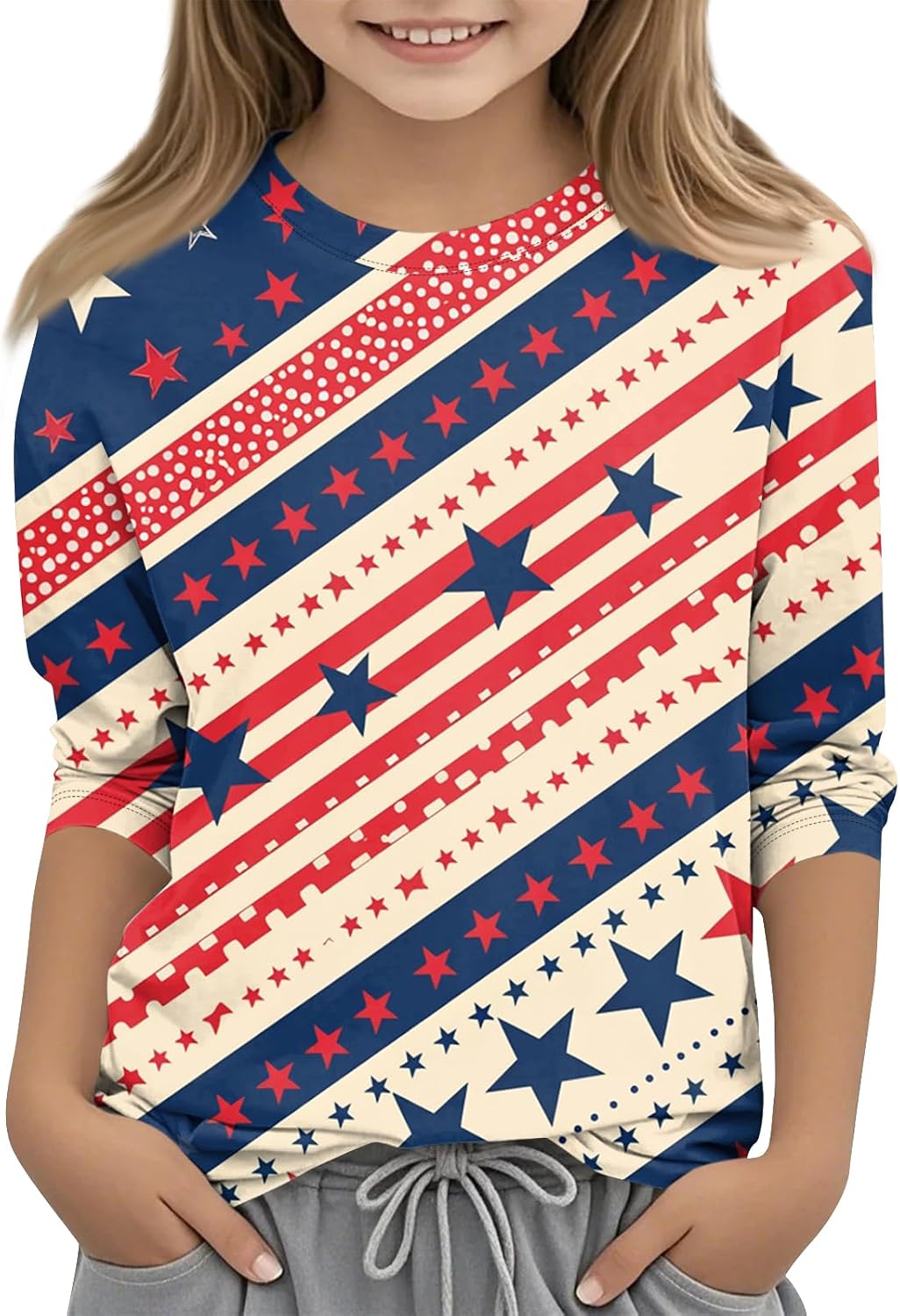 Girls Cute 3/4 Sleeve Shirt 250 Anniversary USA Flag Clothes Kids Round Neck Tshirt Fourth of July Patriot Outfits