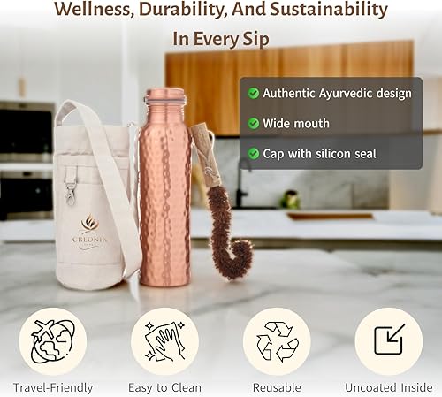Miniatura 6 de Botella de agua de cobre con beneficios ayurvédicos martillados de cobre 100% puro, botella a prueba de fugas, perfecta para uso diario, regalo,