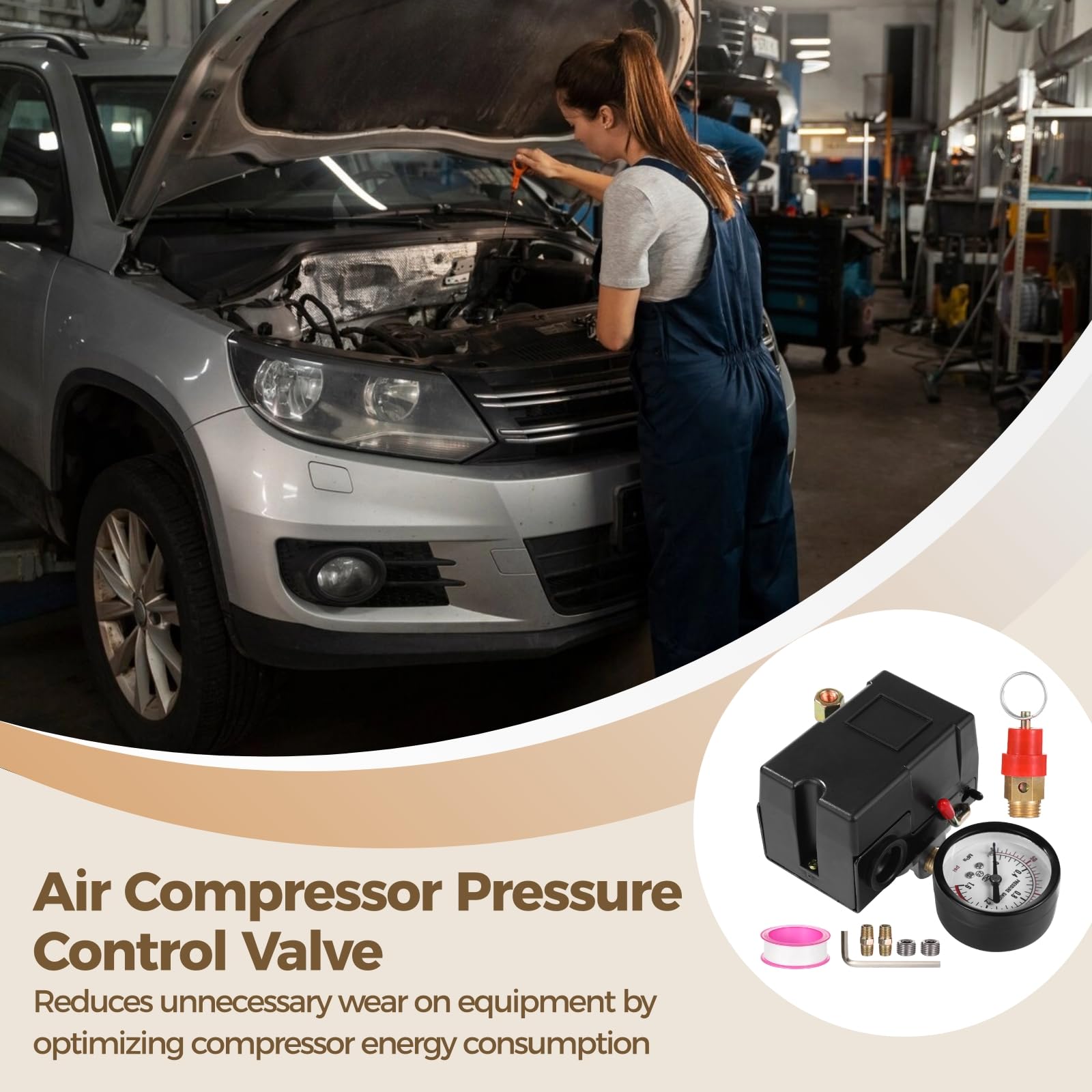 Válvula de control de presión del compresor de aire, conjunto de interruptor de presión de compresor de aire de 1/4 pulgadas, 90 a 120 PSI, con manómetro y válvula de alivio de seguridad, control