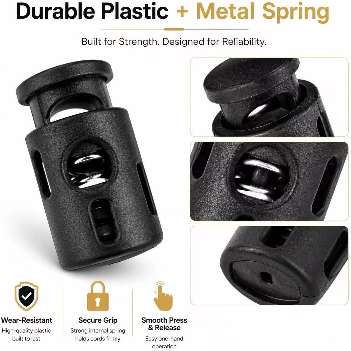 Black Plastic Cord Locks for Drawstrings, Single Hole Spring Toggle Stoppers