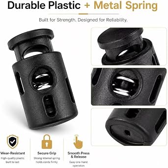 Black Plastic Cord Locks for Drawstrings, Single Hole Spring Toggle Stoppers