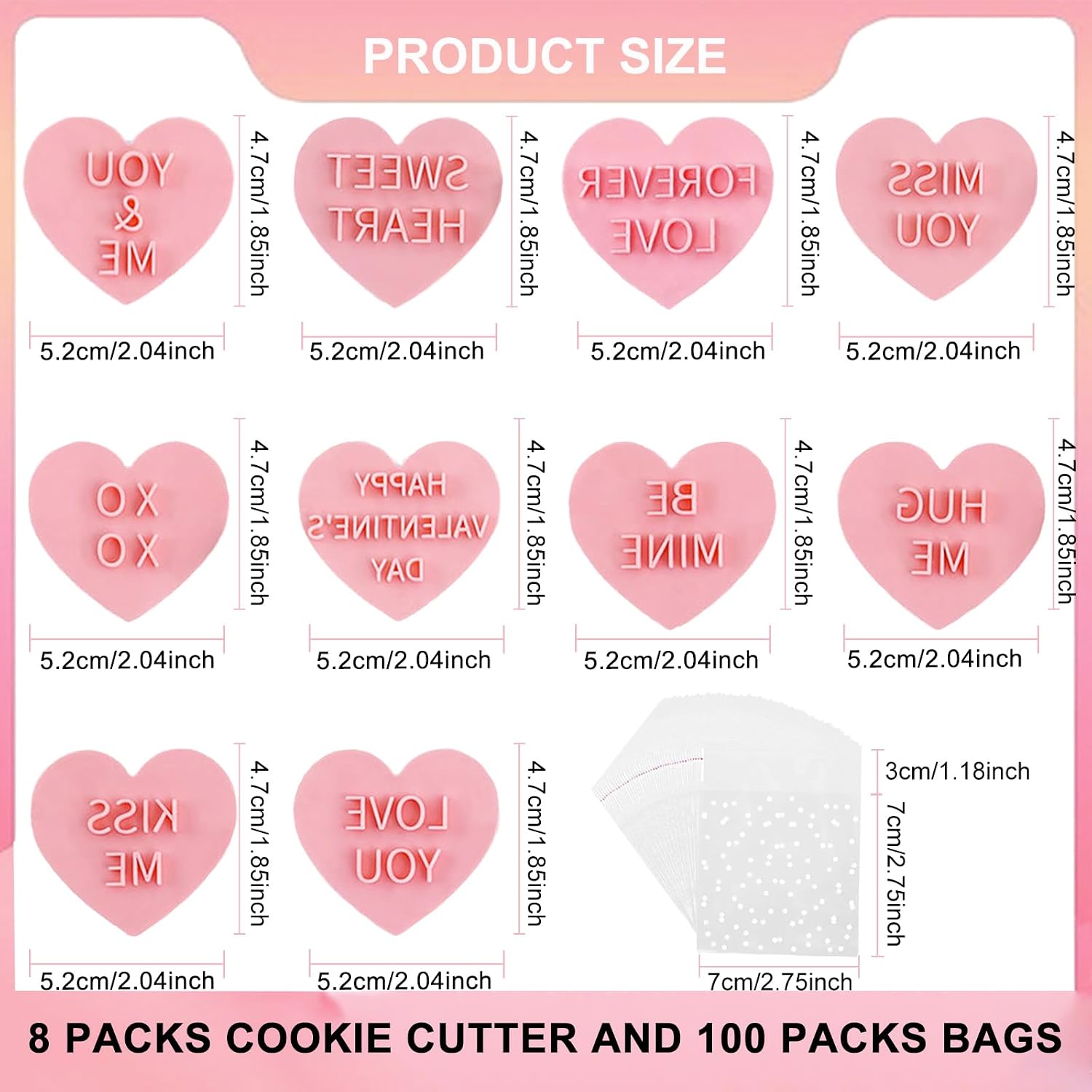 110Pcs Valentine's Day Cookie Cutters, 3D Hearts Cookie Stamps & Cookie Treat Bags Set, Plastic Cookie Press Cookie Mould Kitchen Tools for Party DIY Baking Supplies (Hearts C)