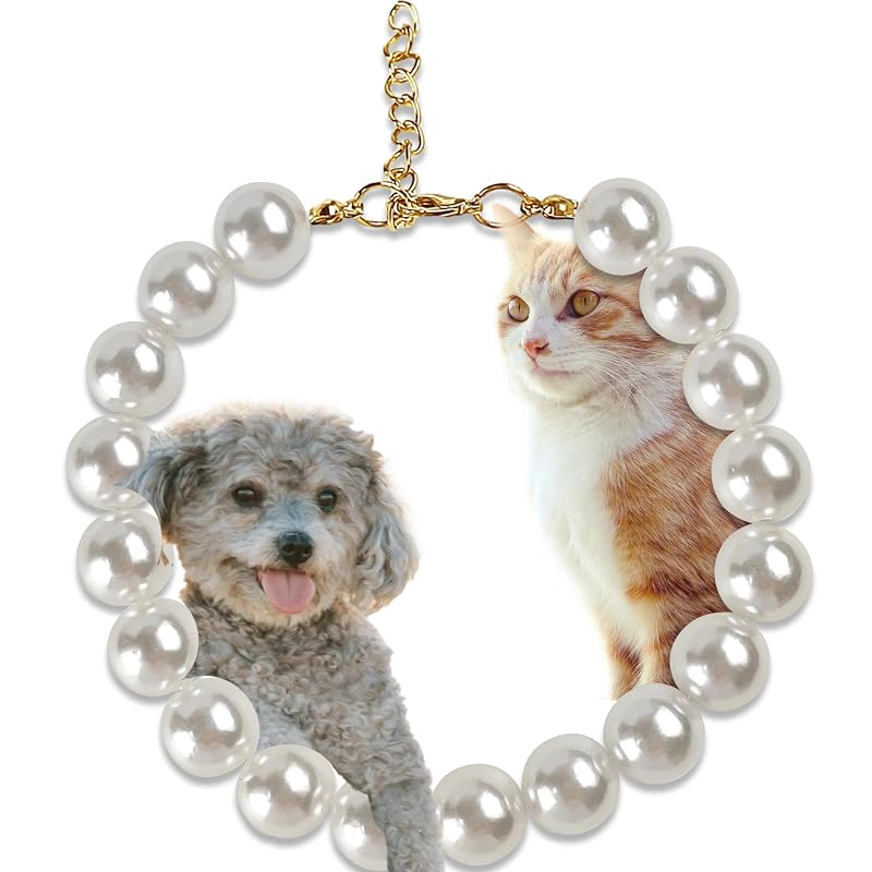 Coleira de pérolas para cães pequenos e gatos, ajustável, branca, MLUOVI, 24,13–30,99 cm
