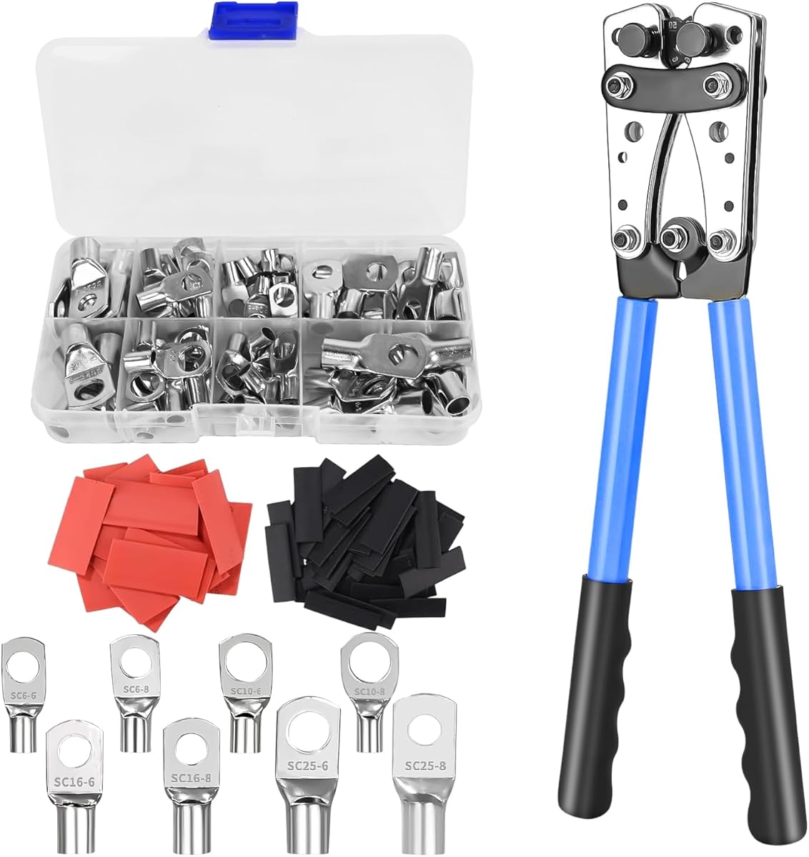 Crimpzange Kabelschuhe Set, Rohrkabelschuh Zange 6-50mm², Kabelschuh Presszange, Crimpzange Kabelschuhe 6/10/16/25/35/50 mm² mit 8 Größen 80 PCS Kupferringklemmen+80 PCS Schrumpfschläuche