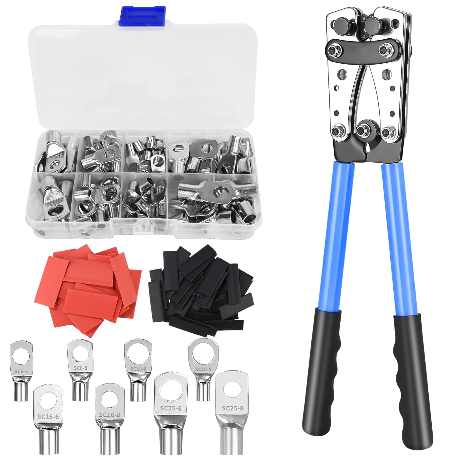 Pince à Sertir Professionnelle pour Cosses 10-1/0 AWG (6-50mm²) - Avec 80 Bornes à Anneau en Cuivre + 80 Gainettes Thermorétractables, 8 tailles, Outil de Crimpage Électrique à Cliquet Multifonction