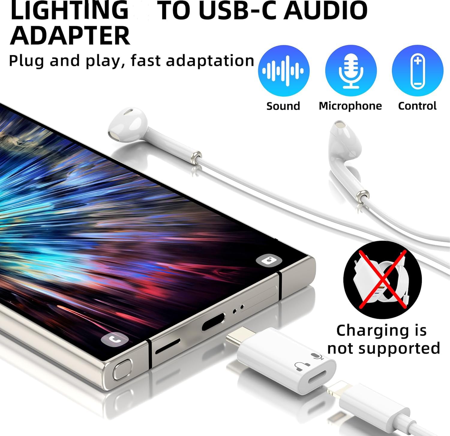 ETZIN Lighting Female to USB C Male Audio Adapter for Phone 15 16 Pro Max Plus IPad Air McBook Galaxy Android Phones, Connector Support Audio & Microphone, Not for Charge & Data Transfer EPL-1518CC — Amazon image 3
