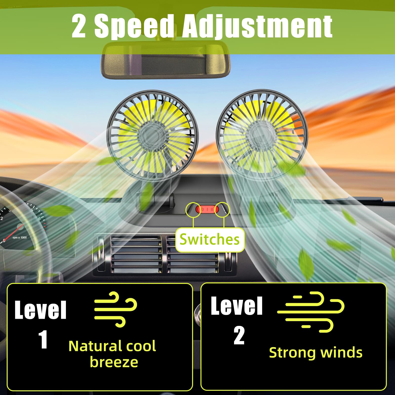 Ventilatore auto 12 V doppia testa ventilatore auto ventola 360 ° girevole a 2 velocità accendisigari auto ventilatore raffreddamento per cruscotto auto furgone SUV RV barca