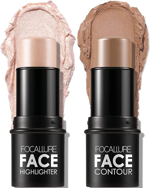 FOCALLURE 2 Pcs Mineral Cream Contour Stick,Moisturize Highlighter and Bronzer Pen,Non Stick Face Brightens & Shades Pencil,Long Lasting & Smooth Gliding Face Illuminator Makeup,Light-medium