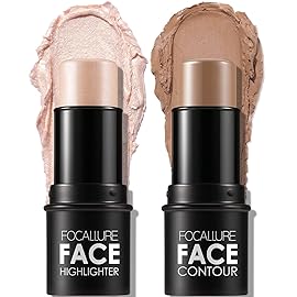 FOCALLURE 2 Pcs Mineral Cream Contour Stick,Moisturize Highlighter and Bronzer Pen,Non Stick Face Brightens & Shades Pencil,Long Lasting & Smooth Gliding Face Illuminator Makeup,Light-medium