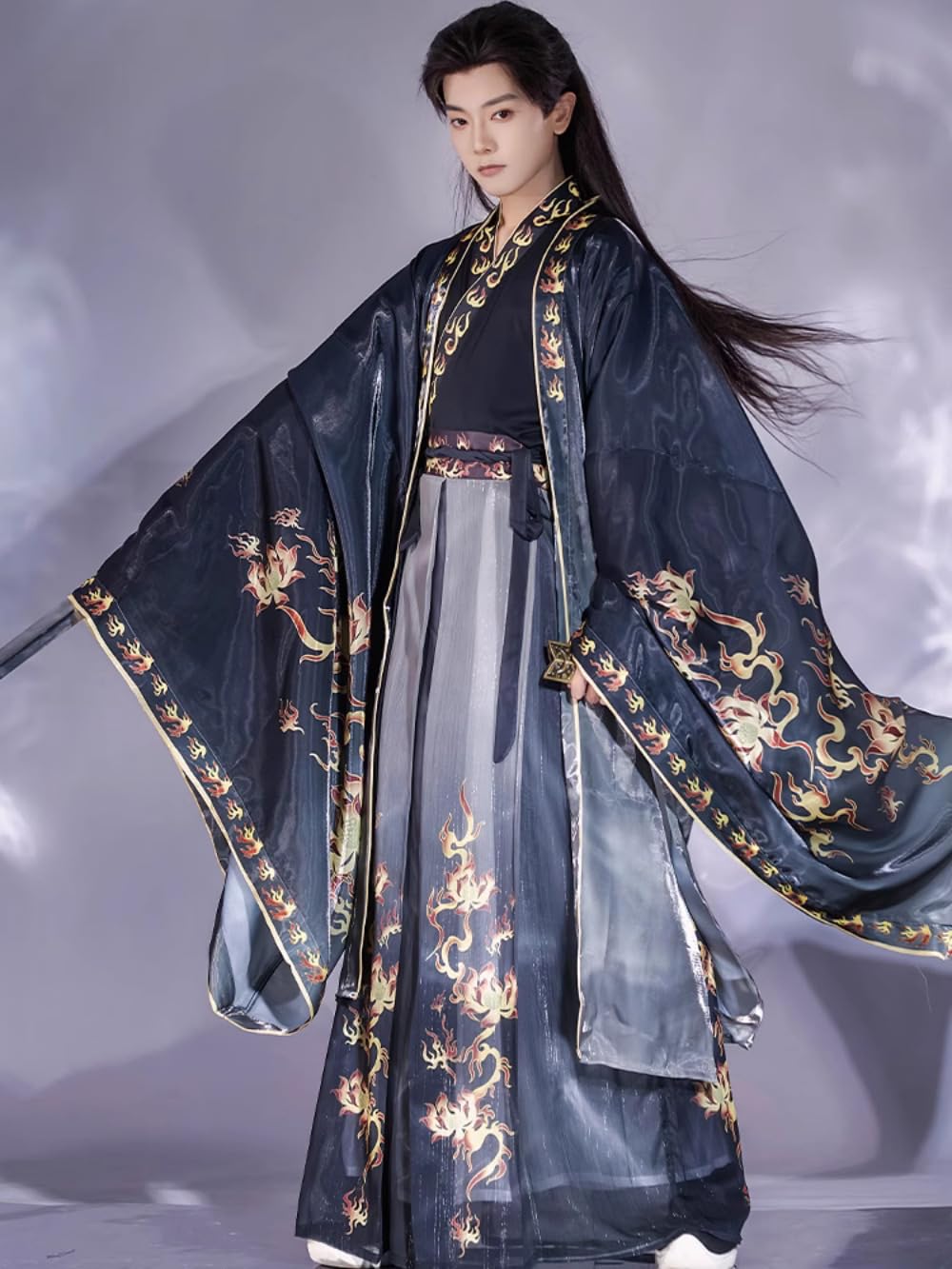Chiński tradycyjny kostium Hanfu Dress, chińska od Męska koszula Hanfu w stylu Jin w stylu chińskim Wei Jin ze spódnicą Ru z dużymi rękawami(Red,Medium)