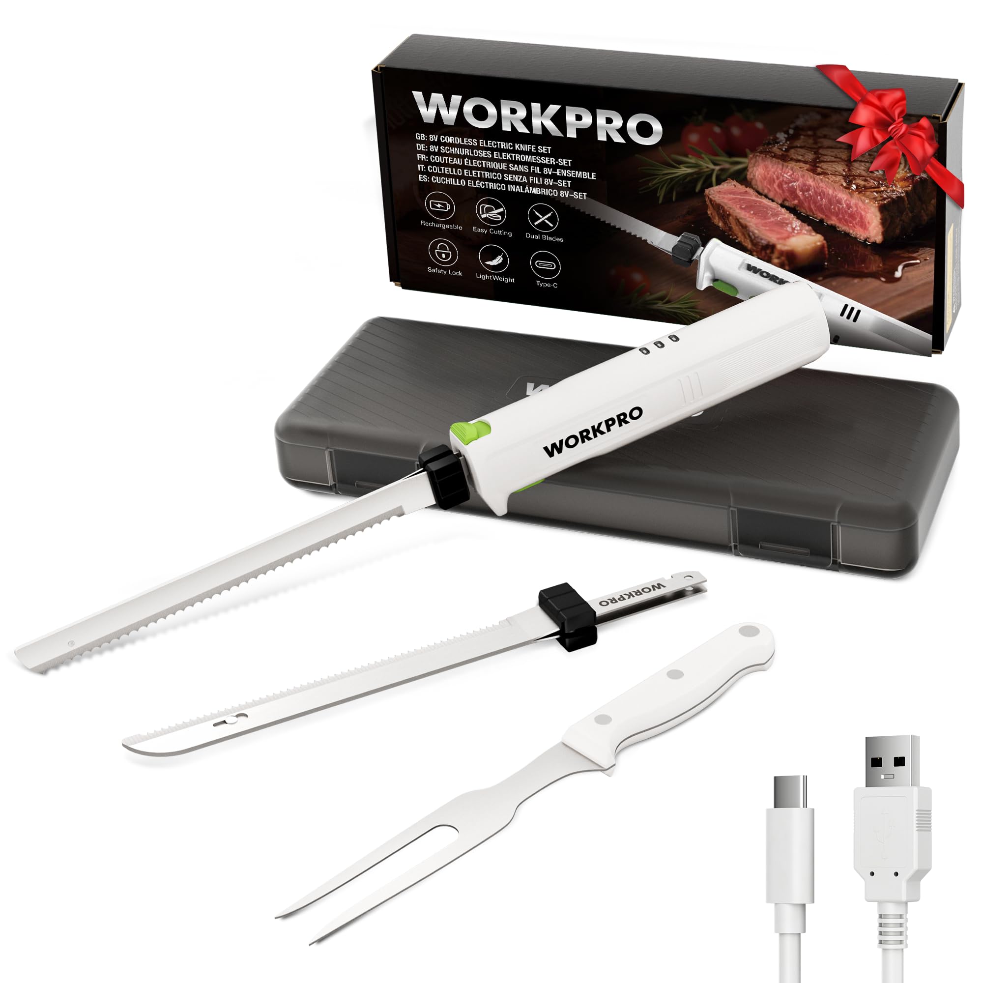WORKPRO Couteau Électrique Sans Fil 8V, Couteau à Pain Électrique, 2 Lames en Acier Inoxydable, Fourchette, Lavable au Lave-Vaisselle, Idéal pour Couper Viande, Pain, et Plus, Étui Inclus, Blanche