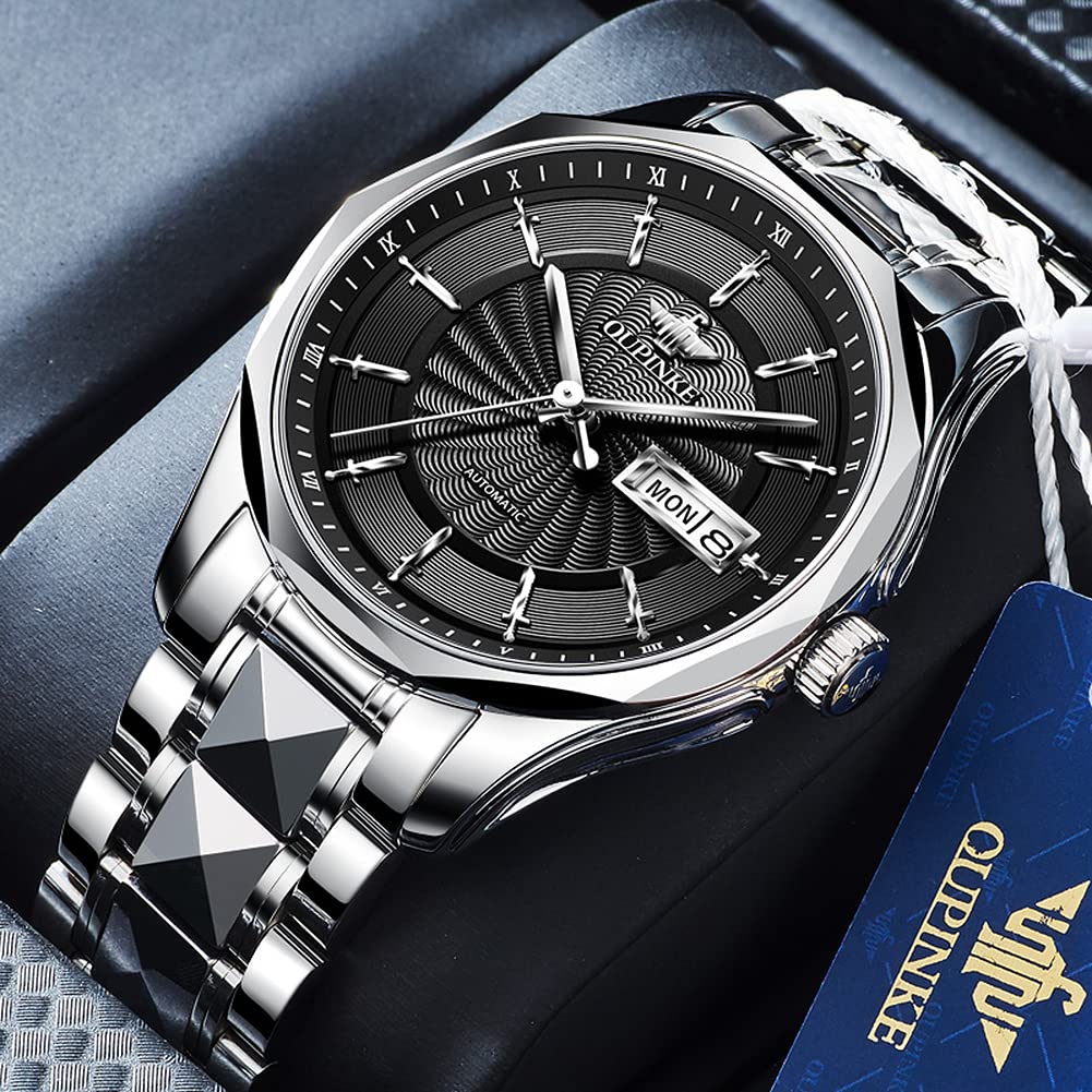 OUPINKE Herren-Armbanduhr, automatisch, selbstaufziehend, mechanisch, Metall, Edelstahl, wasserdicht, analog, Datumsanzeige, Armbanduhr