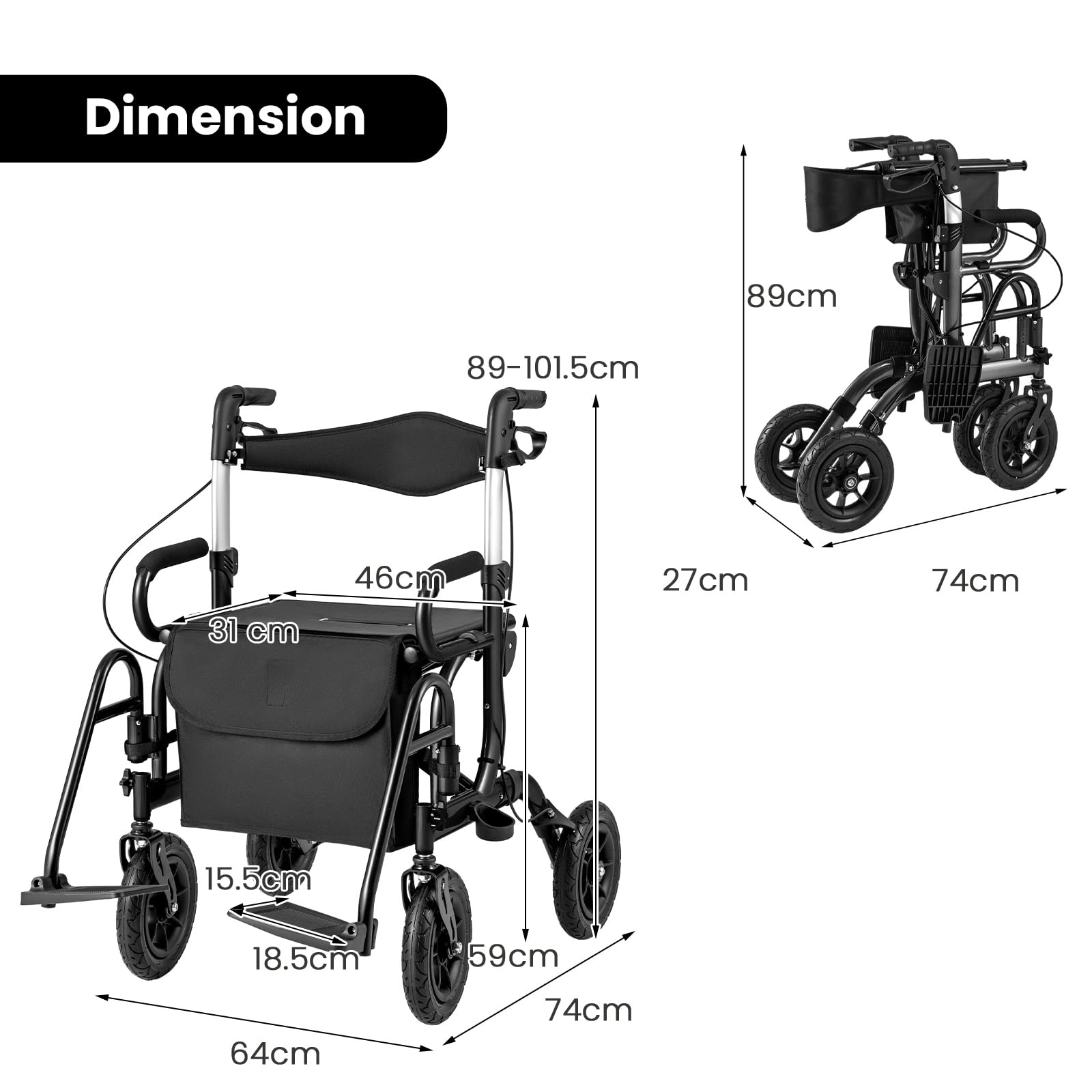 HOMASIS Deambulatori a 4 Ruote Pieghevole, Leggero/Facile da Piegare/Sedile Regolabile in Altezza, Rollator Deambulatore, Ausili per la Deambulazione per Disabili, Anziani (Nero)