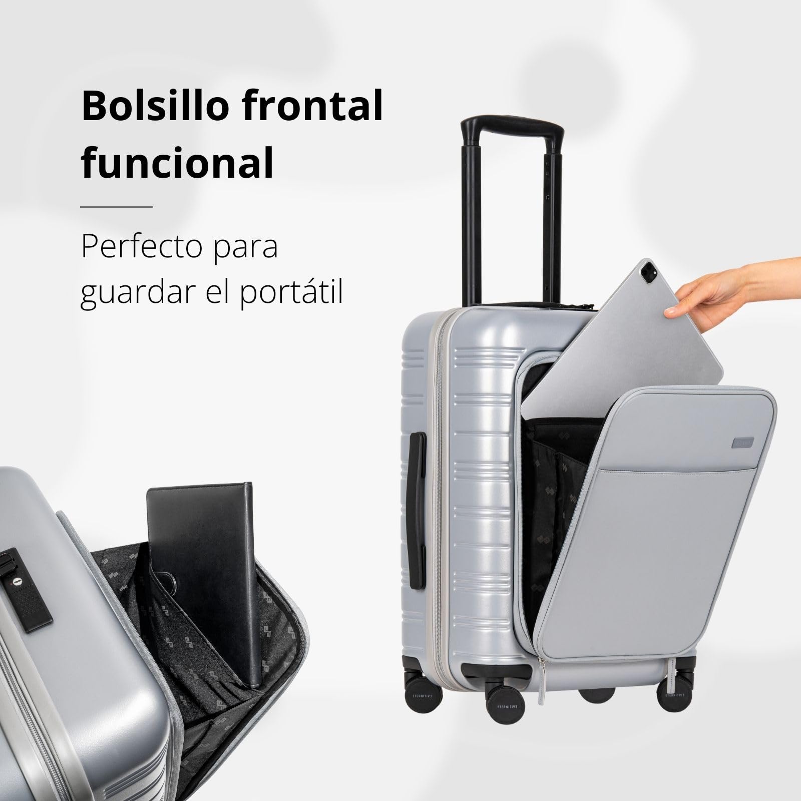 ETERNITIVE - E+ Maletas de Viaje Cabina I Maleta Viaje de Policarbonato I Tamaño: 54 x 37 x 25 cm I Maleta Rígida con Cerradura de Huella Digital I Maleta Viaje con Ruedas 360° y PowerBank I Gris