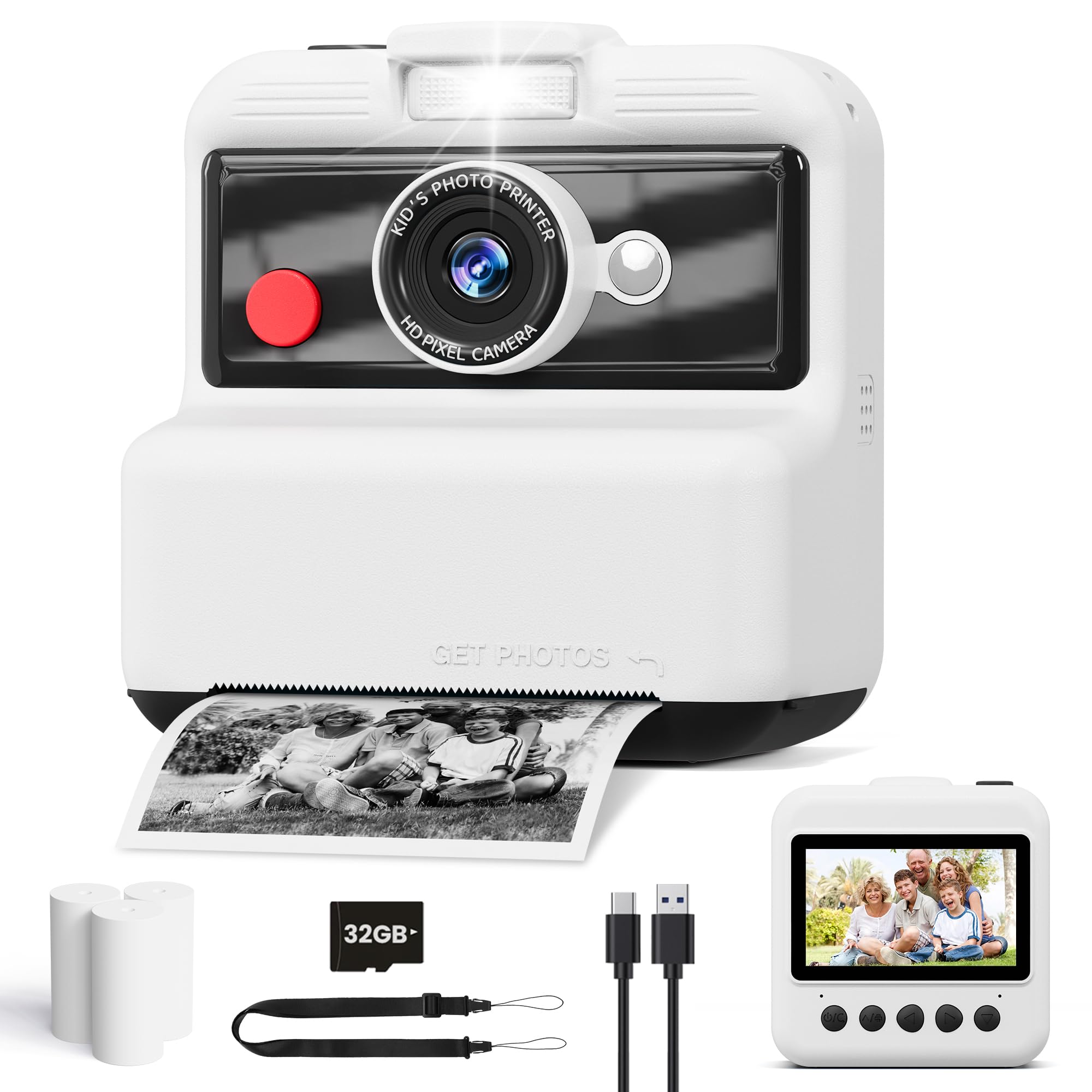 CAMCLID Macchina Fotografica Bambini Istantanea, 3,0 Pollici Fotocamera Bambini, 48MP/2,5 UHD Macchina Fotografica Istantanea con Scheda da 32 GB, Regali per Ragazze Ragazzi 3-12 Anni (Bianco)