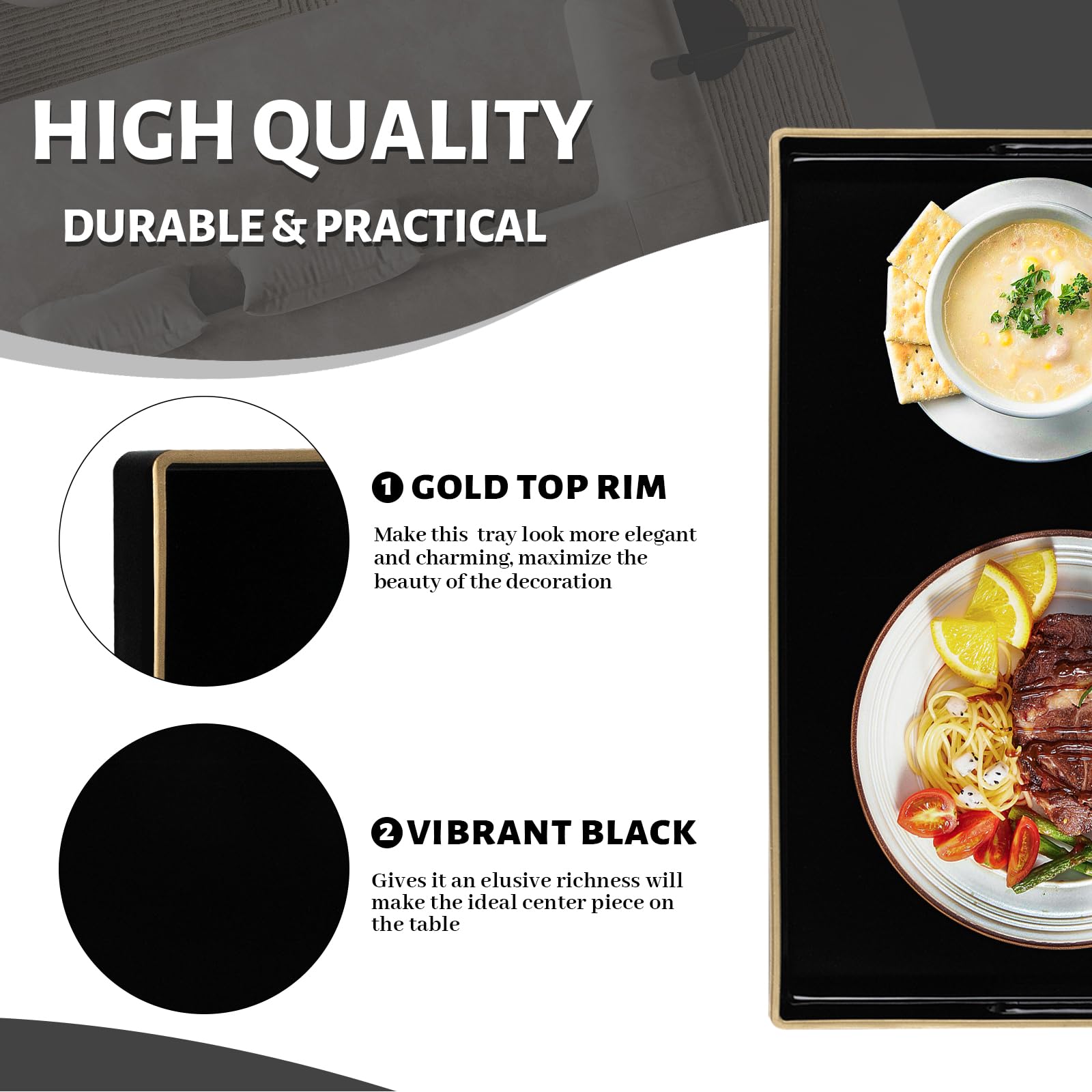 MAONAME Bandeja decorativa negra para mesa de café, moderna bandeja de servir con asas, bandejas de té rectangulares de plástico para otomana, decoración de baño, 15.8 x 10.2 x 1.4 pulgadas