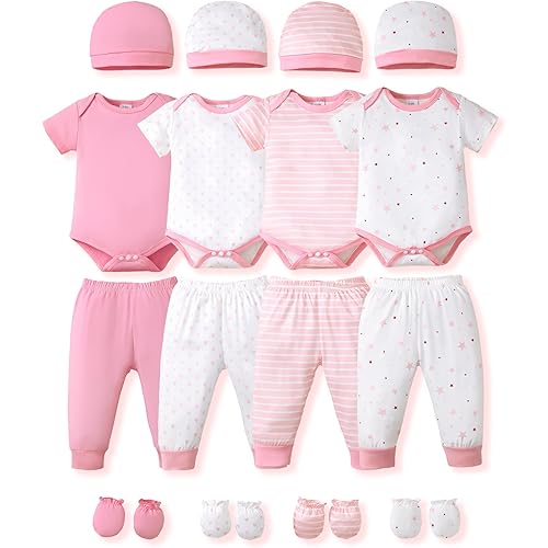 NZRVAWS Newborn Baby Boy Girl Clothes Unisex Infant Romper Pants Set Hat 4-Pack Outfits 0-12 Months 16 Pieces Toddler