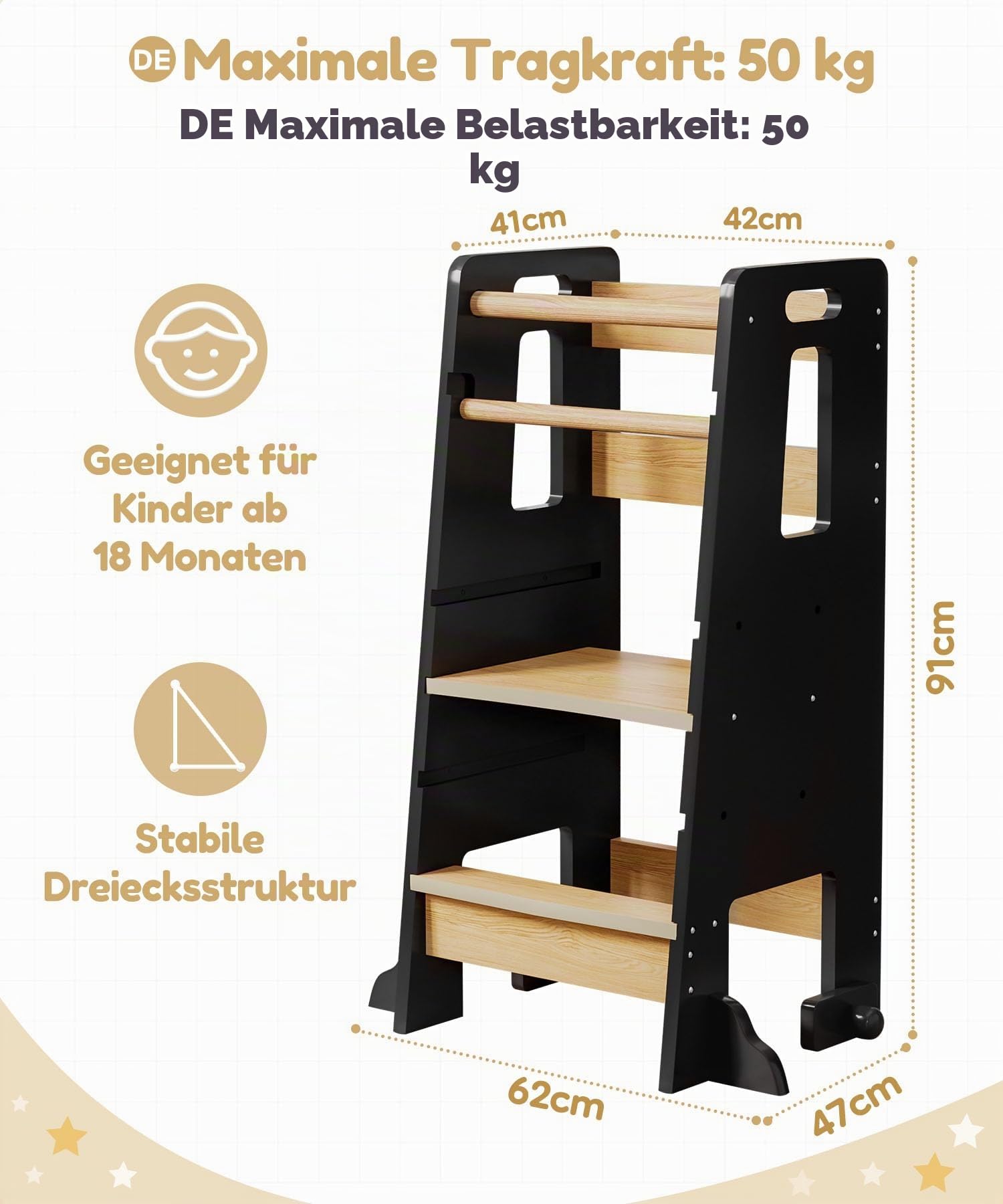 Yorbay Lernturm ab 1 Jahr: 3-Fach Höhenverstellbar Montessori Lernturm mit Kippschutz - Massiv und Stylisch Learning Tower für Kinder - für Küche und Bad Kleinkinderzimmer