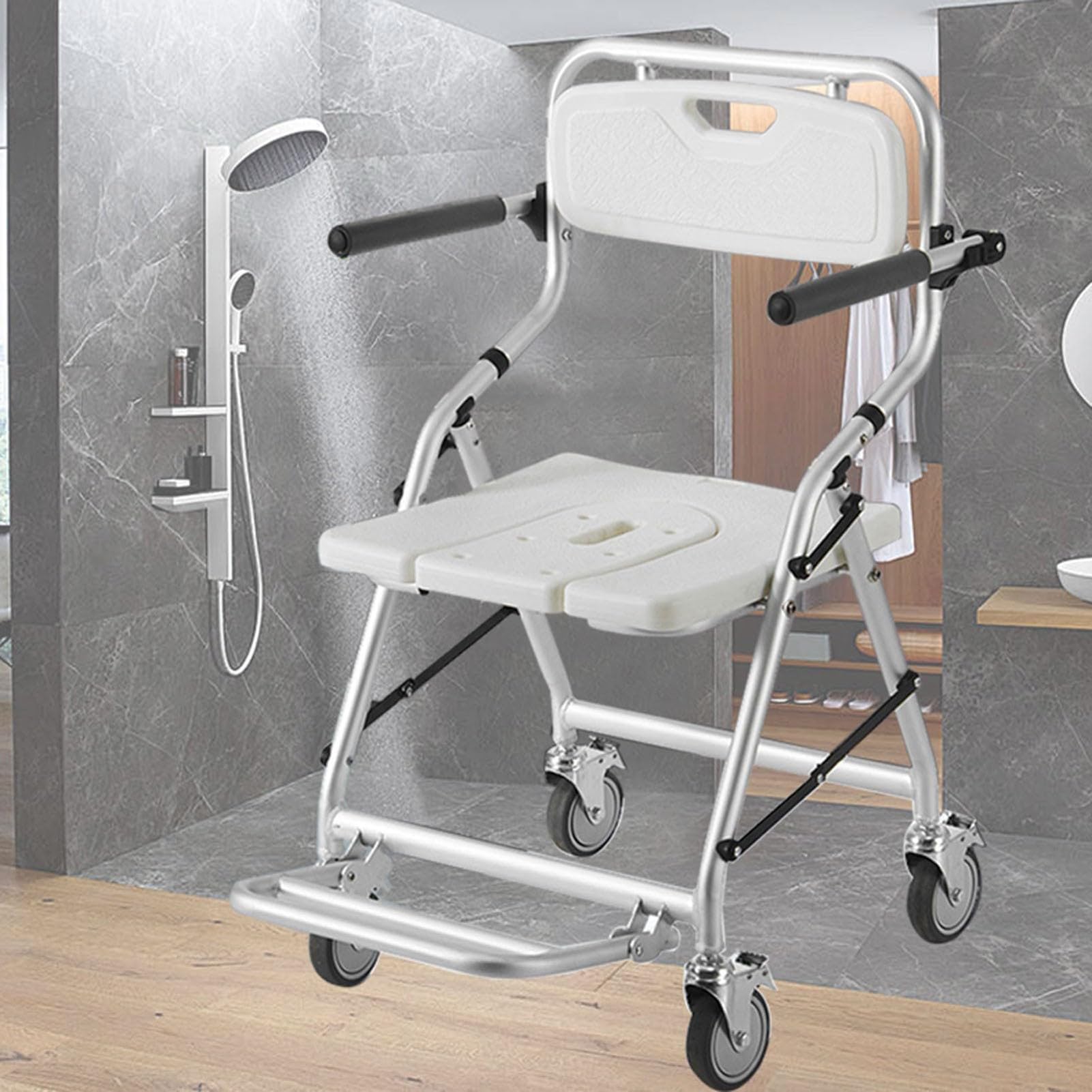 Silla para Ducha para Personas Mayores, Asiento Ducha con Ruedas Plegable, Taburete de Ducha Plegable con Frenos y Respaldo Desmontable, Carga 150kg