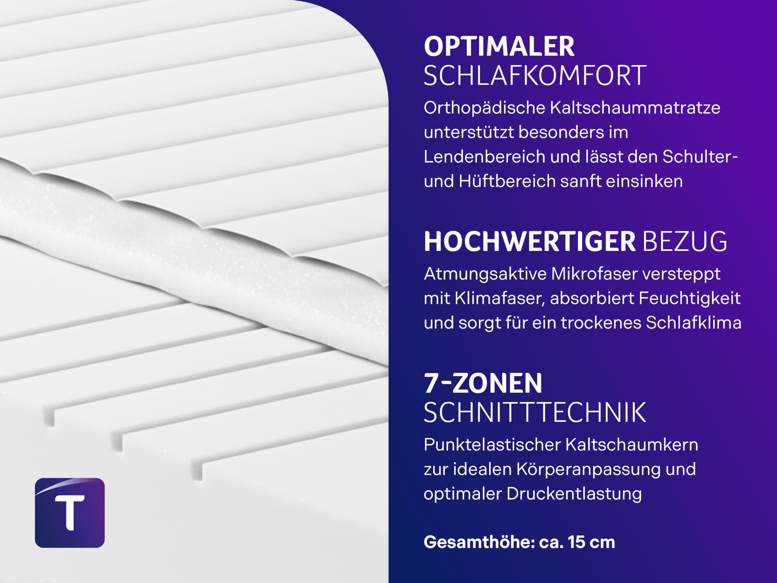 Traumnacht Basis orthopädische 7-Zonen Kaltschaummatratze für alle Schlaftypen, Härtegrad 4 (H4 - fest), 90 x 200 cm, weiß, Öko-Tex zertifiziert, produziert nach deutschem Qualitätsstandard