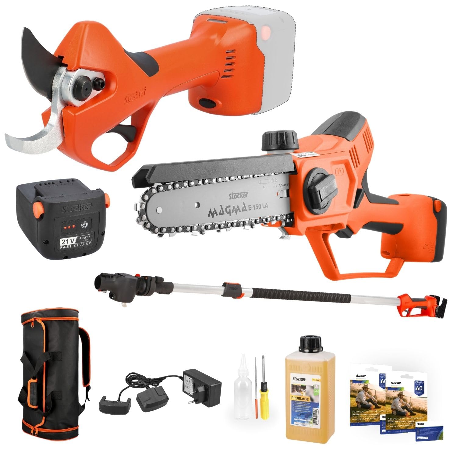 STOCKER - Kit potatura a batteria, Forbice Magma E-40 TP + Motosega E-150 LA con Batteria Power 21V 2,6Ah Fast Charge, Manico Telescopico 235 cm, Olio Catena, Garanzia Estendibile fino a 60 mesi
