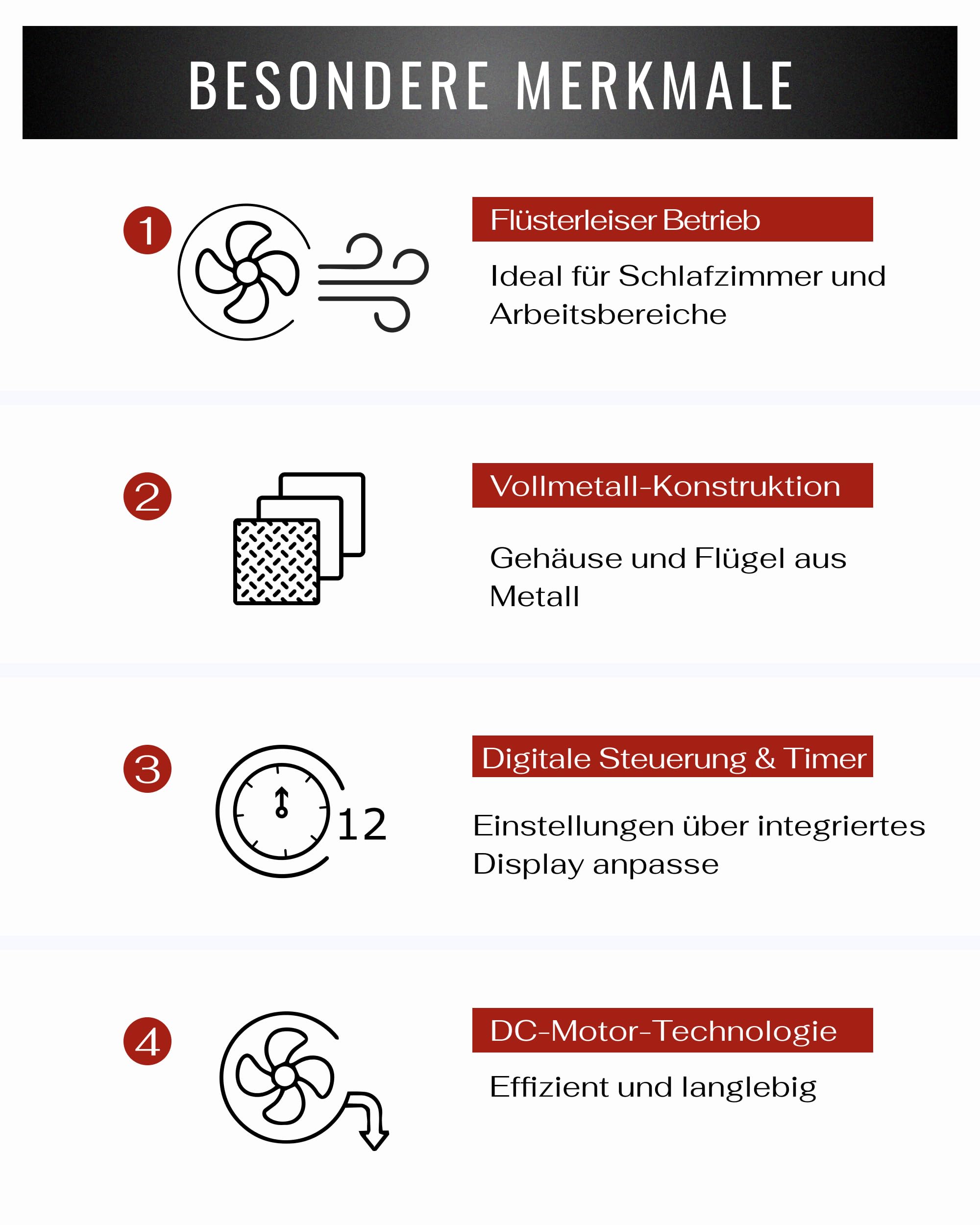 Premium Tischventilator, Ventilator leise aus Metall mit 12 Stufen, Digital-Display, 90° Oszillation, 8h Timer, Luftstrom bis 6,4 m/s, für Schlafzimmer - Anthrazit